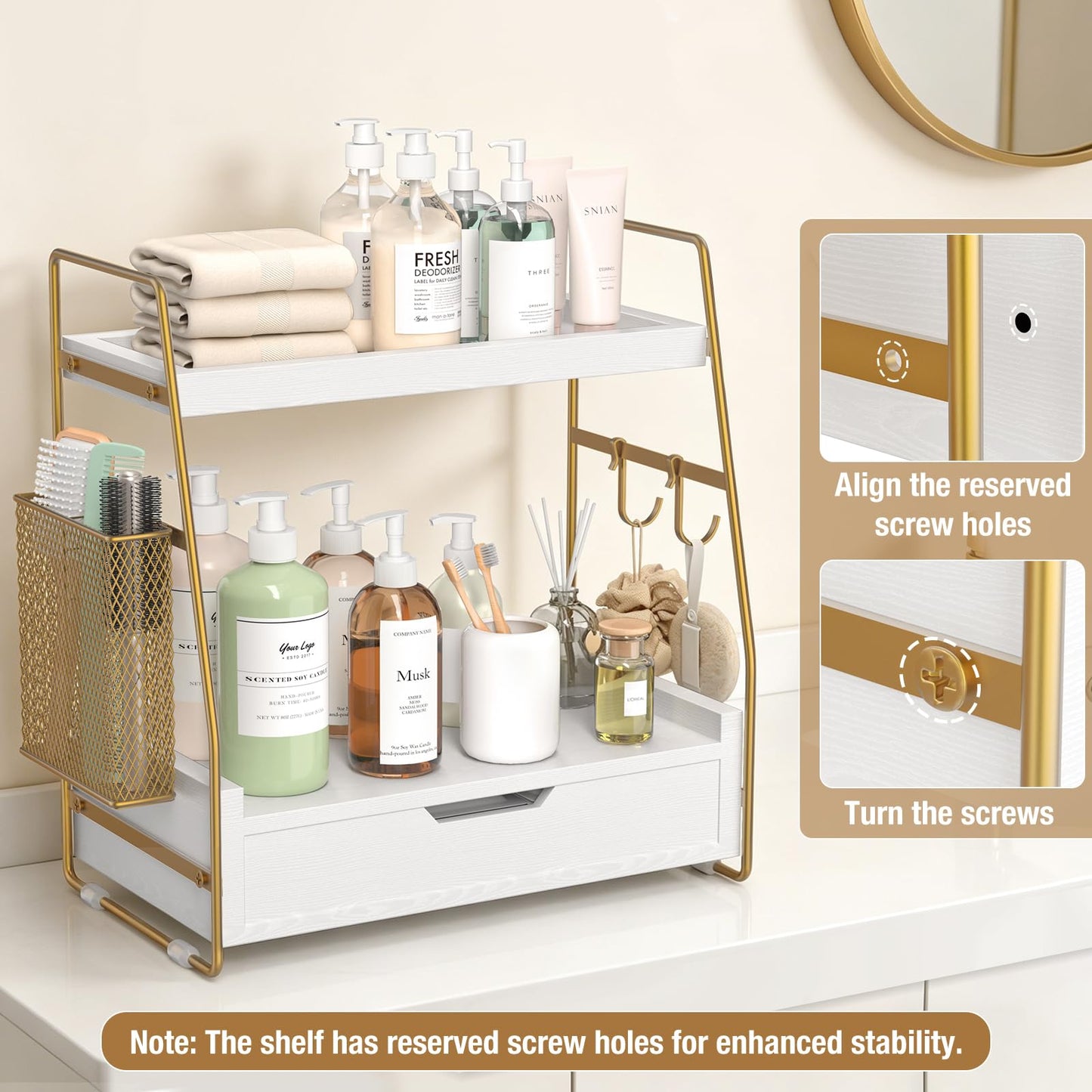 ROPALINS 2-Tier Bathroom Counter Organizer with Drawer and Removable Basket, Wood Vanity Countertop Storage for Perfume, Makeup, Skincare, Bathroom Counter Shelf, Moisture-Resistant, White Gold
