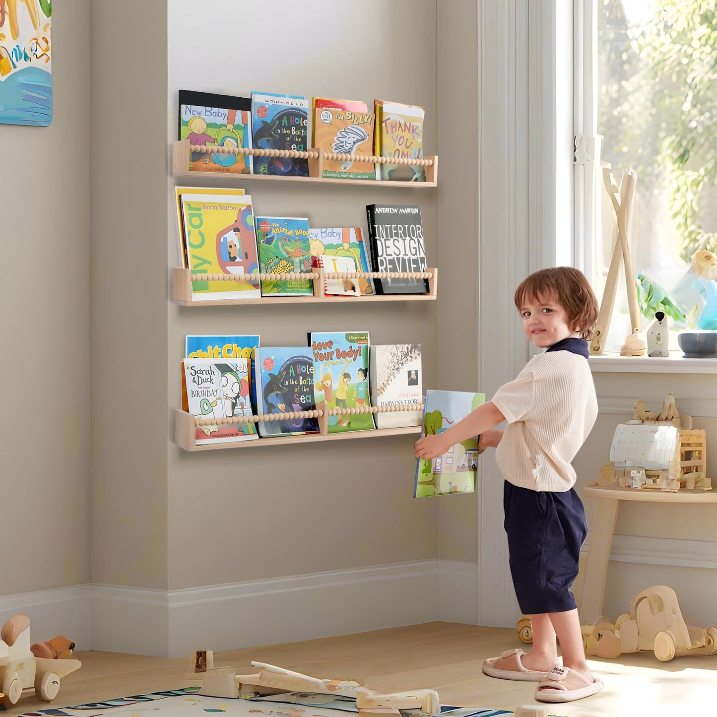 birola Nursery Book Shelves for Kids Rooms - 32 Inches Wall Book Shelves Set of 3, Space-Saving Nursery Shelves with Beads Design for Kids Room, Bedroom and Study Room(Natural)