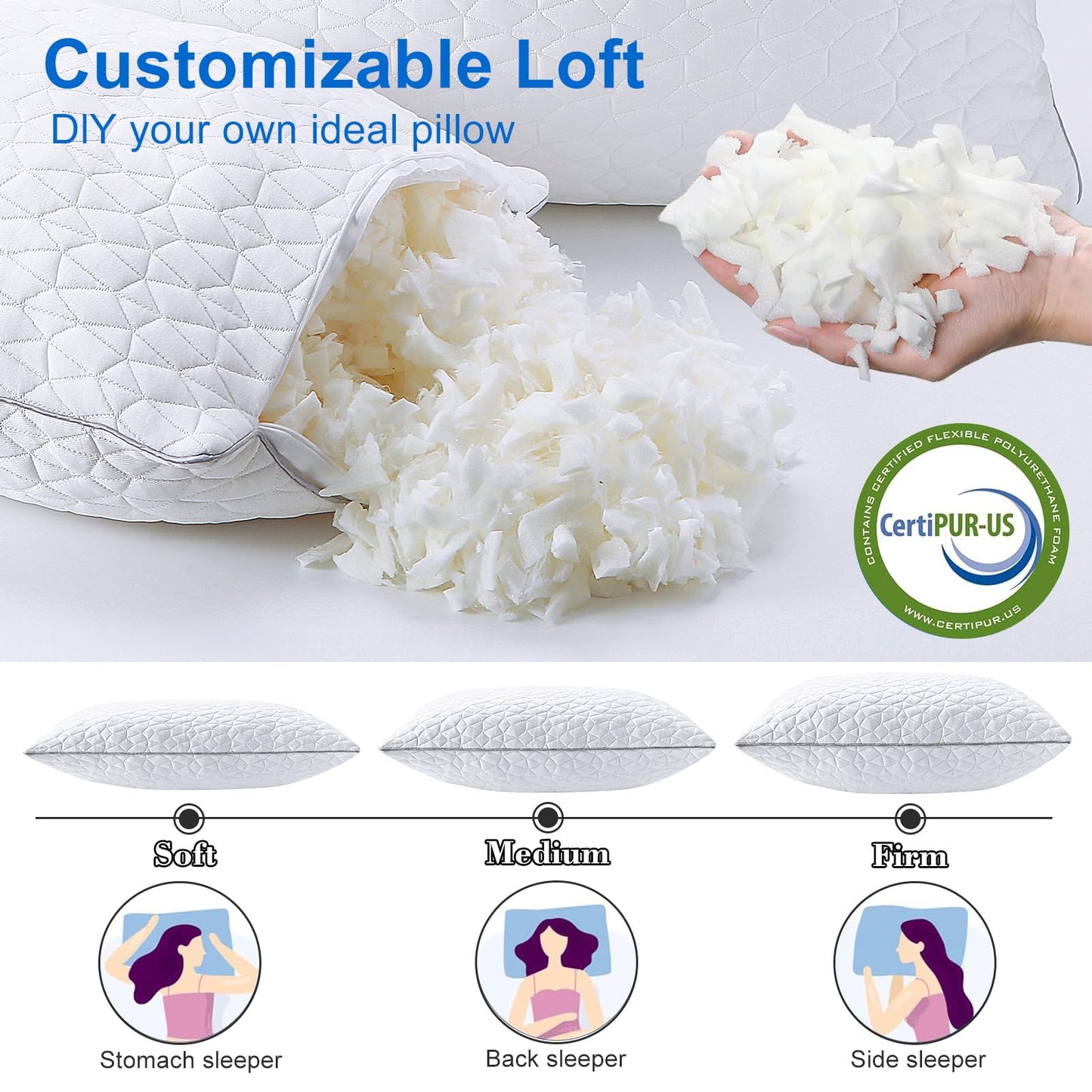Cooling King Size Pillows Set of 2, Shredded Memory Foam Pillows, Adjustable Firm Bed Pillows Cool Cold Pillow for Hot Side Back Stomach Sleepers with Removable Washable Cover, 20" x 36", White
