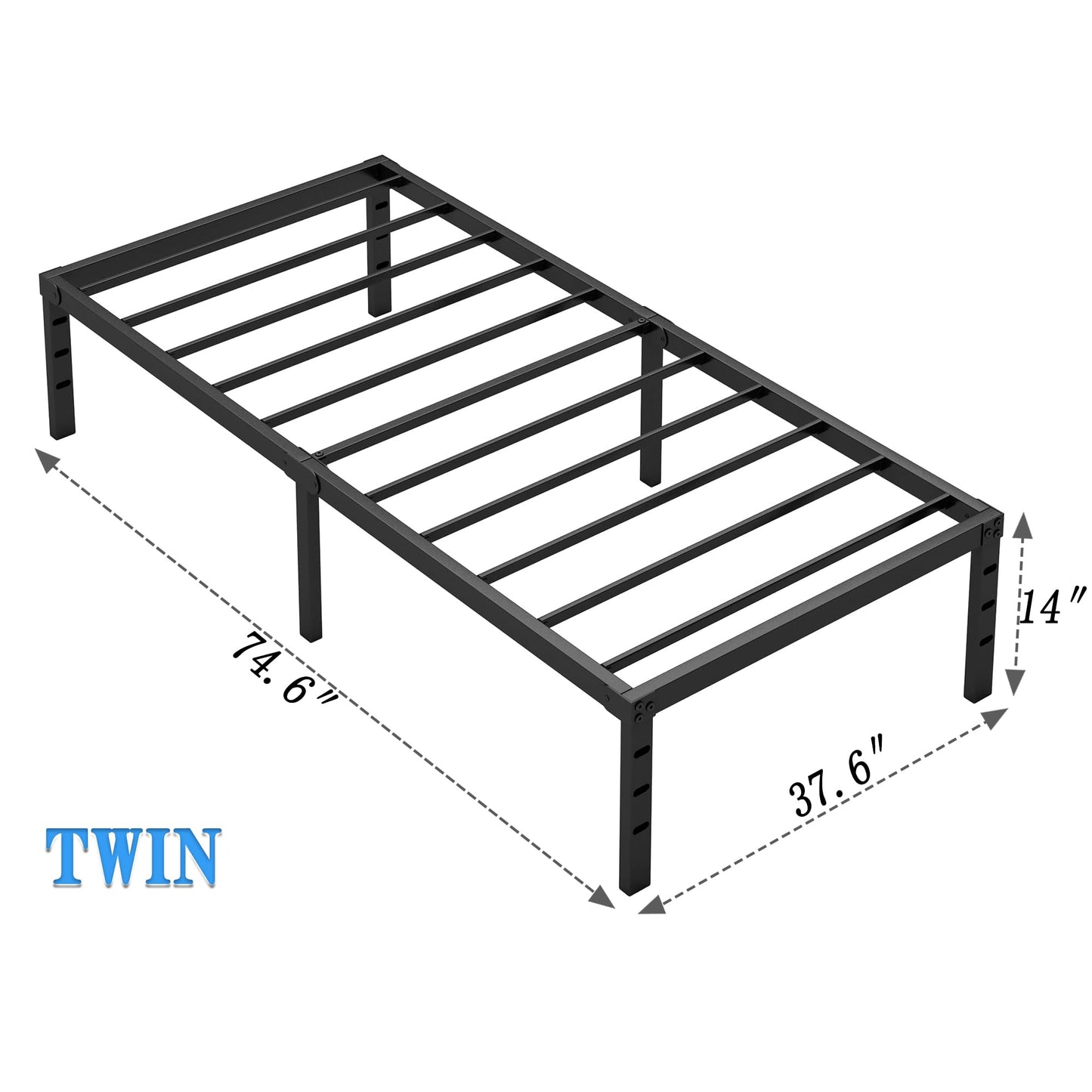 NEW JETO Metal Bed Frame,Twin Size Bed Frame with Storage Space,Heavy Duty Sturdy Mattress Foundation,Easy Assembly,No Box Spring Needed, Black,14 Inch,Twin