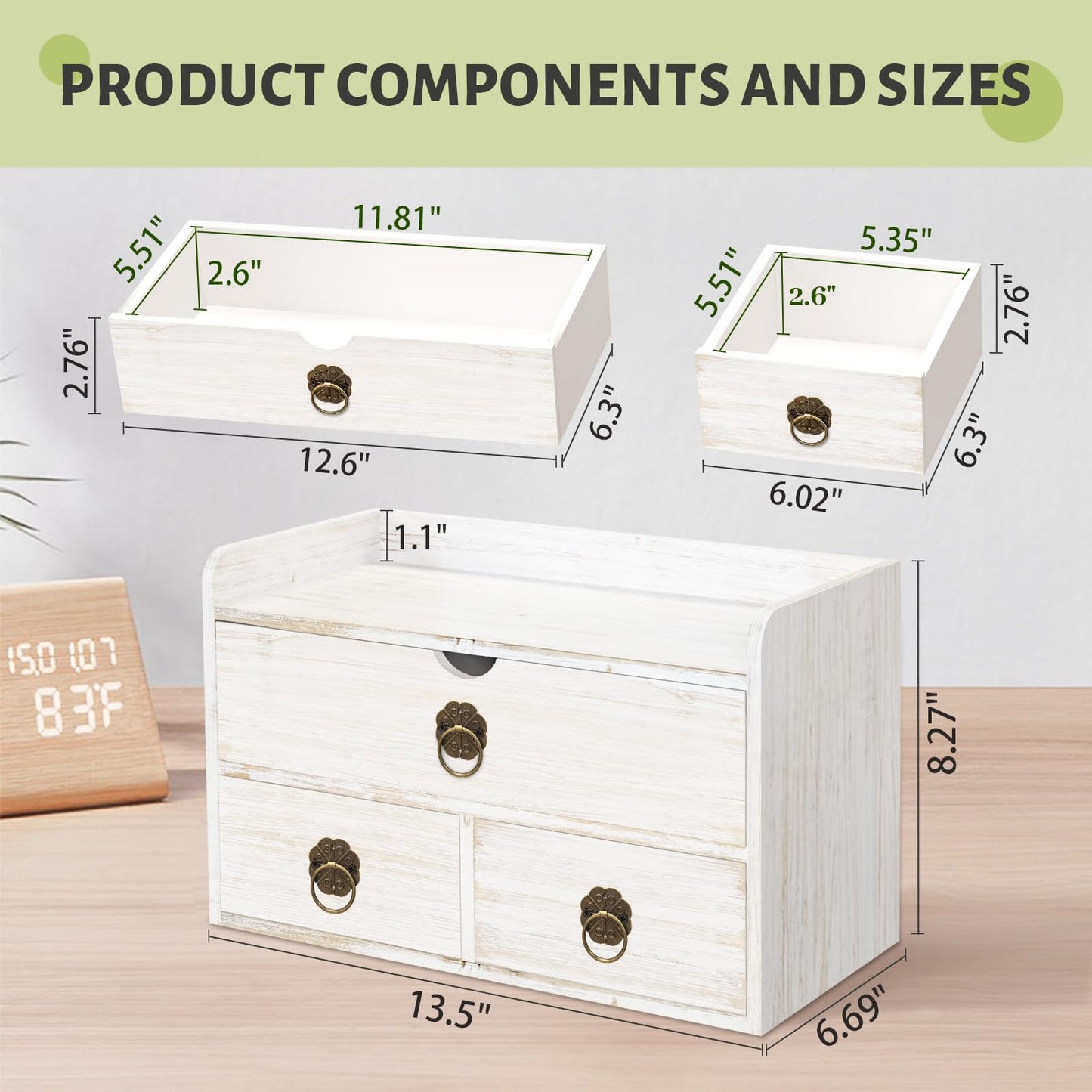 SeekElegant Wood Desk Organizer with Drawer, White Wooden Desktop Organizer, Tabletop Storage Organization Box for Countertop, Home Office Supplies, 13.5x6.6x8.2 Inch(3 Drawer and Shelf)