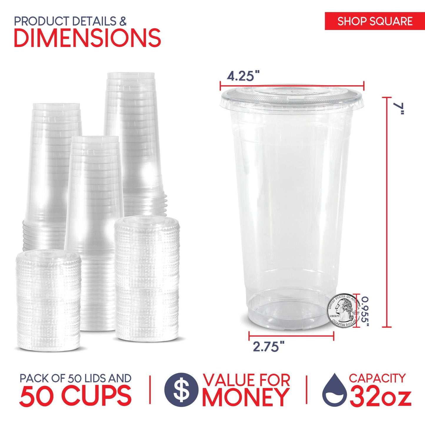Shop Square 32 oz Plastic Cups with Lids (50 Pack) - Disposable Clear Cups for Iced Coffee, Boba, Milk Tea, Smoothies, and Fruit Shakes for Parties, Cafes, Restaurants