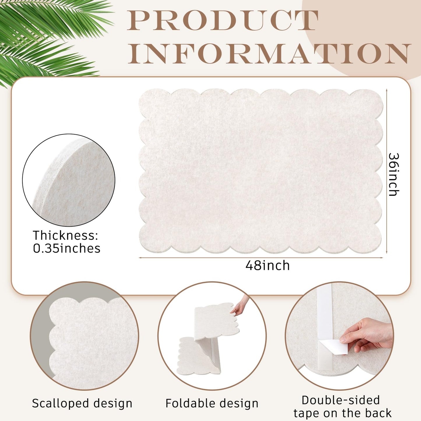 Mooliwe Scalloped Felt Bulletin Board 48 x 36 Inches Foldable Beige Pin Cork Board Alternative for Wall, 4' x 3' Trifold Picture Vision Self Adhesive Bulletin Decorative