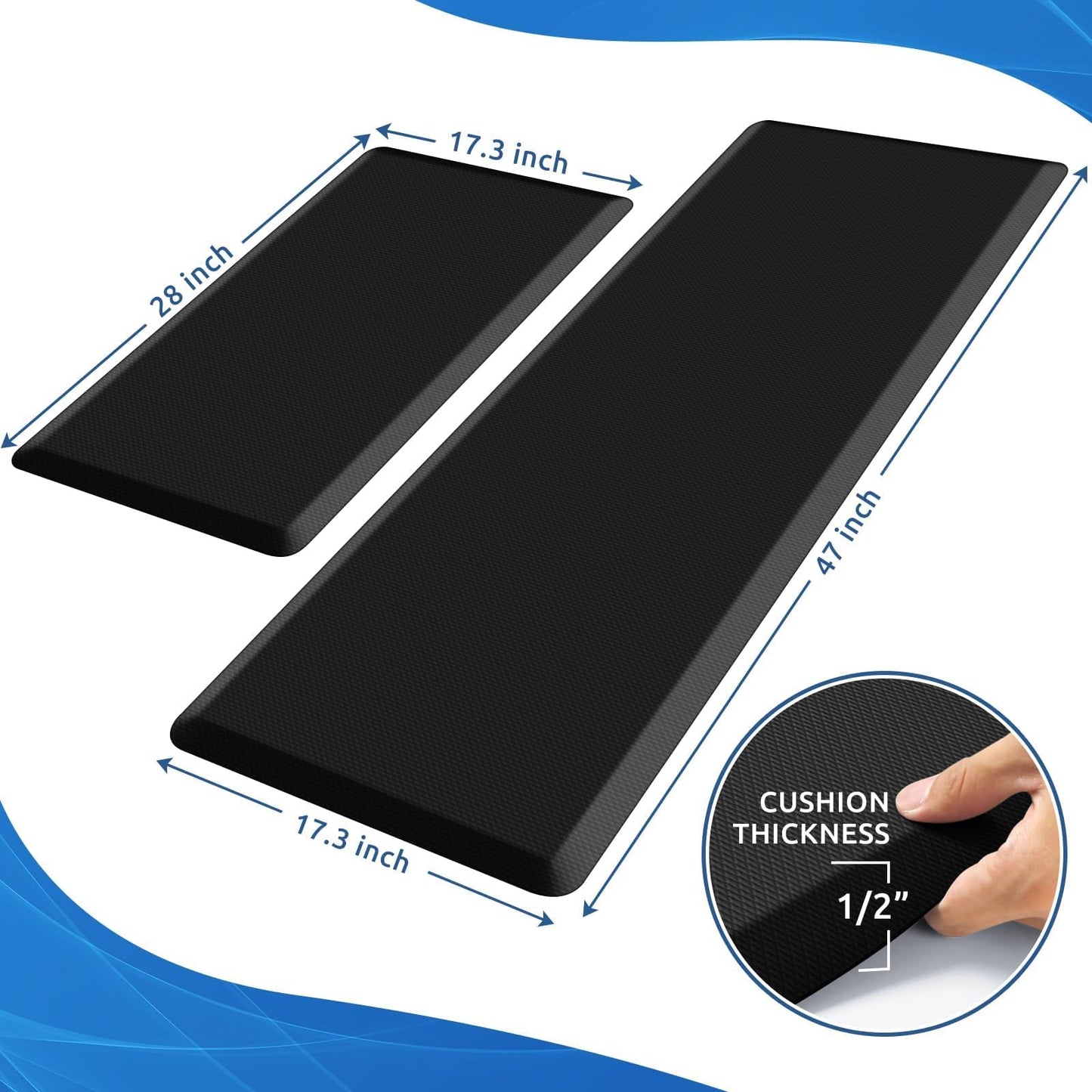 KitchenClouds 2PCS Kitchen Rugs Cushioned Anti-Fatigue Non-Slip Water Resistant Kitchen Mat Comfort Foam Standing Mat for Floor Office Sink Laundry (Black)