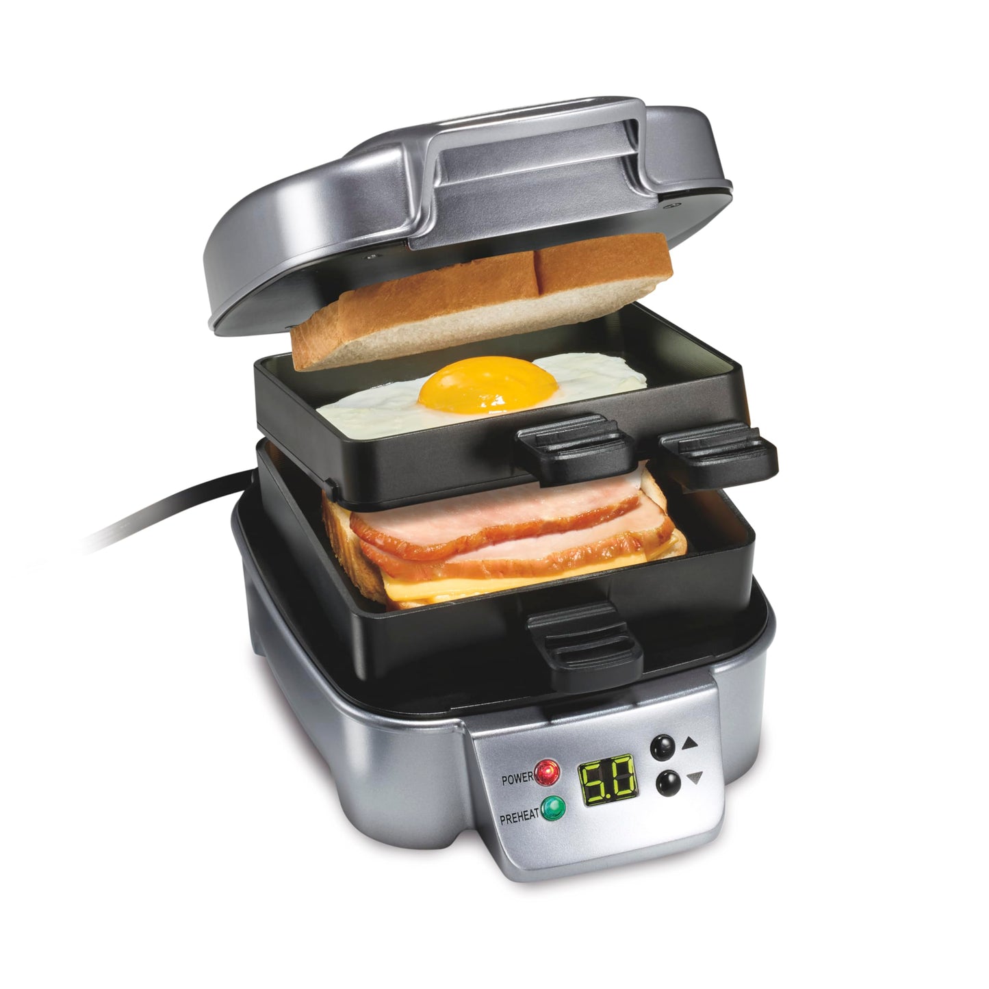 Hamilton Beach Sandwich Stacker Customizable Hot Sandwich Maker, 24 Sq. In. Non-Stick PFAS-Free Cooking Surfaces, Built-In Timer, Compact, Dishwasher-Safe, Silver (25471)