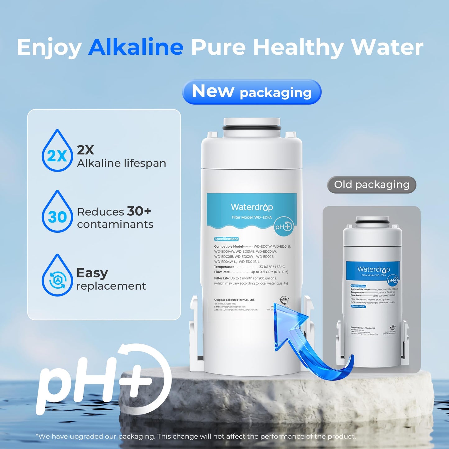 Waterdrop EDFA Alkaline Water Filter Replacement for Waterdrop ED01AW/ED01AB/ED01/ED02/ED04 Rechargeable Electric Pitcher, Improve PH, 3 Months or 200 Gallons, 3 Pack