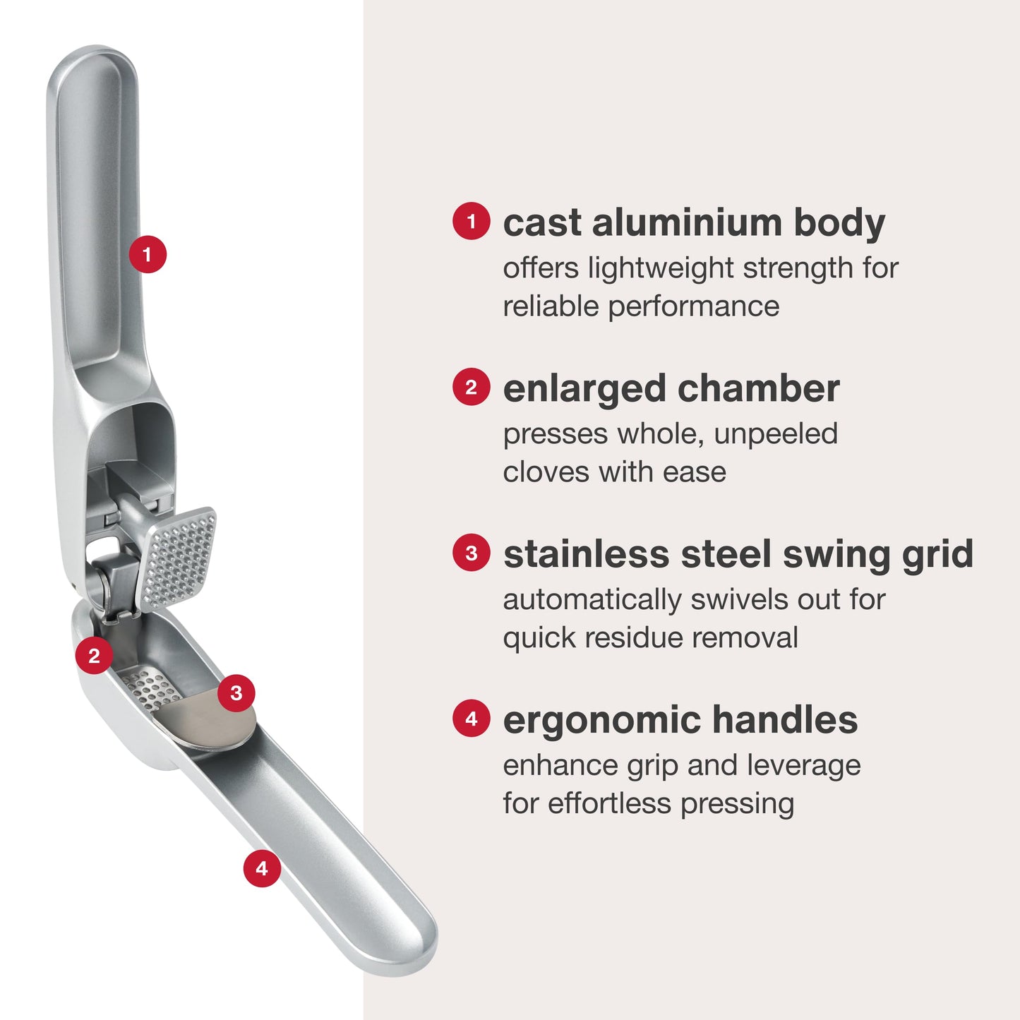Zyliss Susi 4 Garlic Press - Garlic Crusher for Efficient Mincing - Odor-Free Hands - Large Chamber Made of Durable Stainless Steel - Mess-Free Kitchen Gadget - PFAS-Free Non-Stick Coating - Silver