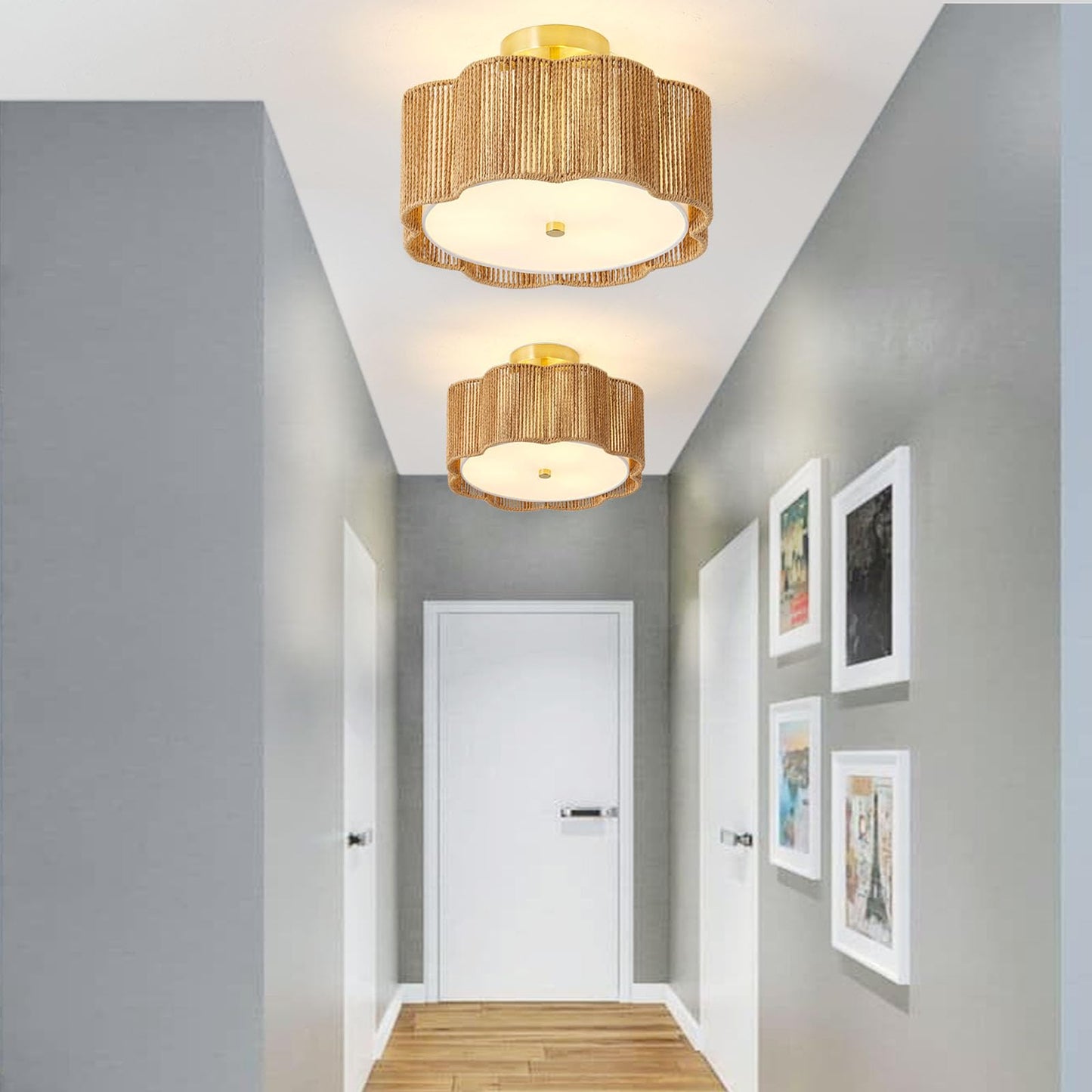 Giutna Rattan Ceiling Light Fixtures Flush Mount,3-Light Boho Light Fixtures Ceiling Mount for Bedroom,Close to Ceiling Light Modern Rattan Chandelier Lighting for Hallway Kitchen Dining Room(Yellow)