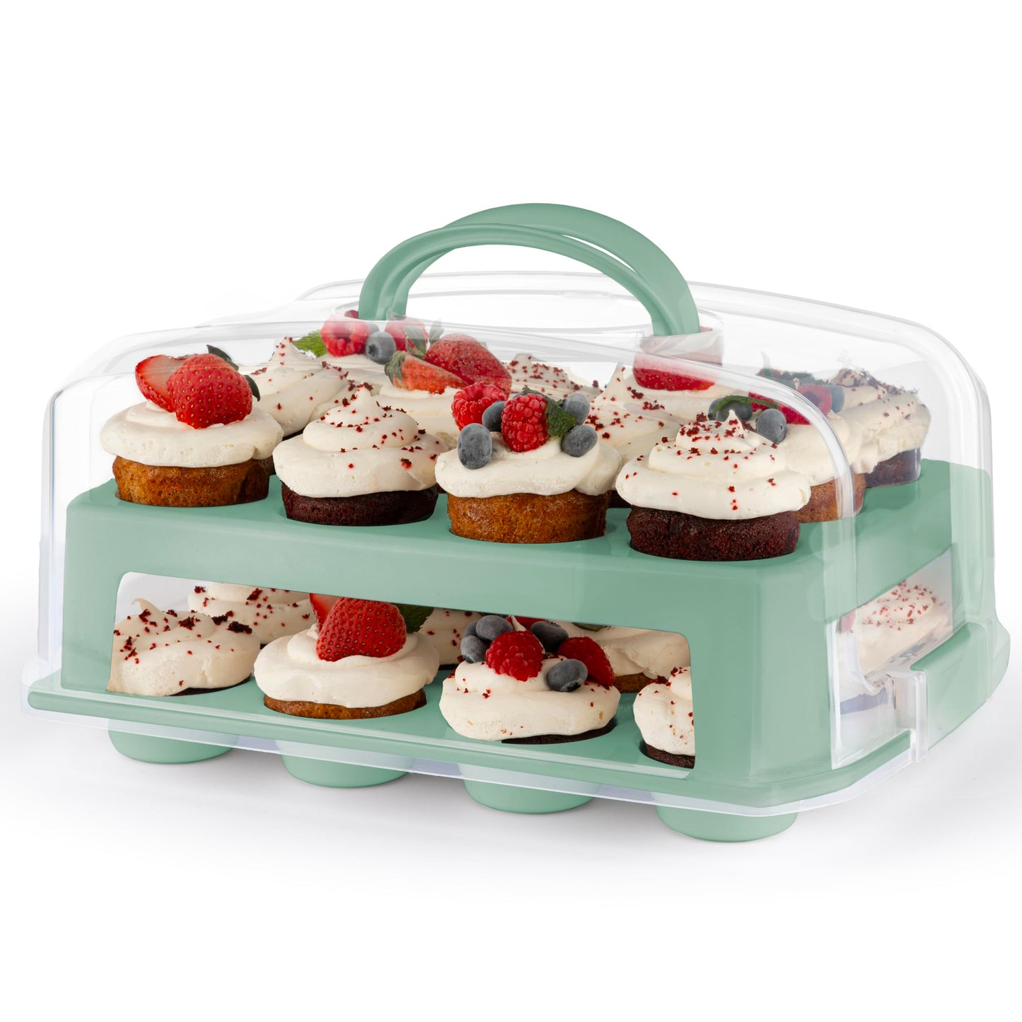 MosJos EXTRA TALL DOME 24 Cupcake Carrier, Green Cupcake Holder Carries 24 Cupcake Storage Container, Muffin Traveler Two Tier Stand Reusable Cupcake Box