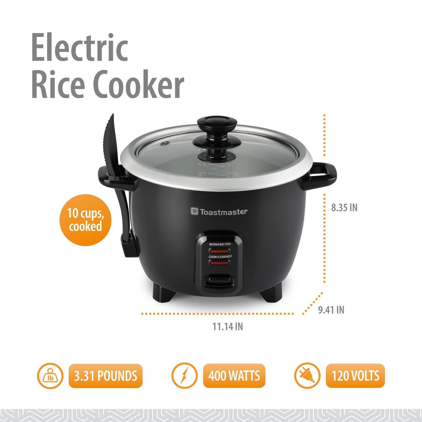 Toastmaster Electric Rice Cooker - Large Capacity for Soups, Oatmeal & More - Automatic Rice Cooker with Tempered Glass Lid & Keep Warm Mode - 10-Cup, Black