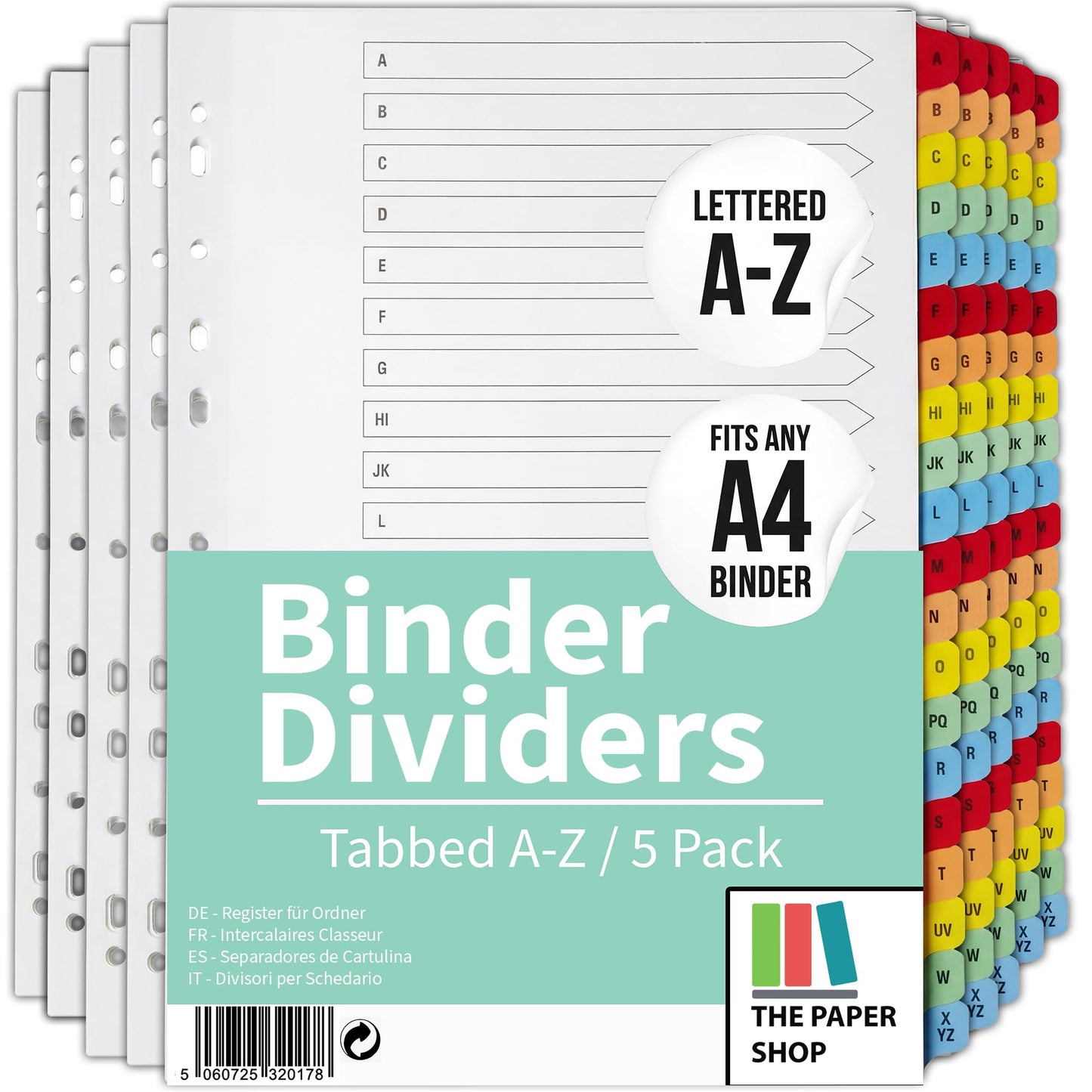 [5 Pack] A-Z Binder Dividers with Tabs A4 | Alphabet Dividers for 3 Ring Binder | Perfect for Organizing Pages in 3 Ring Binder Dividers with tabs, Each Set Includes Tab Dividers | The Paper Shop