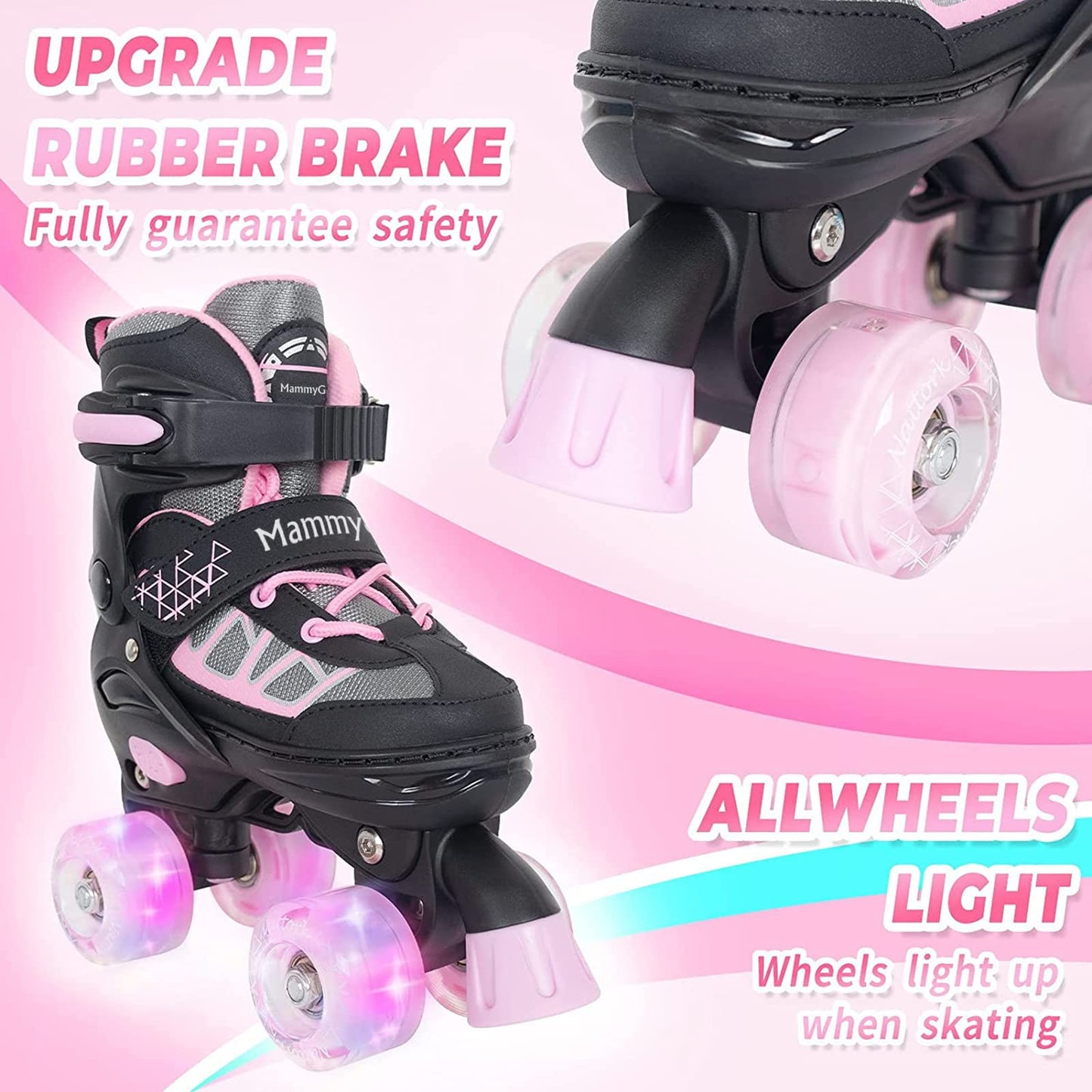MammyGol Roller Skates for Kids Boys Girls, Adjustable Quad Skates with Light Up Wheels for Toddler Little Kids Ages 6-12 Size 13C 1 2, Beginners Outdoor Sports, Pink