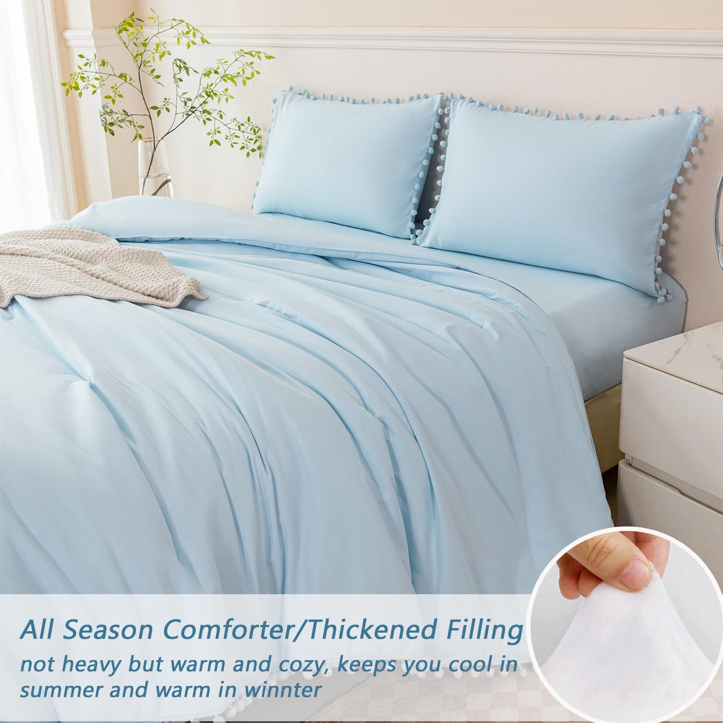 PERFEMET 5 Pieces Twin Bedding Sets Light Blue Pom Pom Comforter Set for Girls Boys Soft Fluffy Solid Boho Bed in A Bag with Comforter and Sheets(Light Blue, Twin)