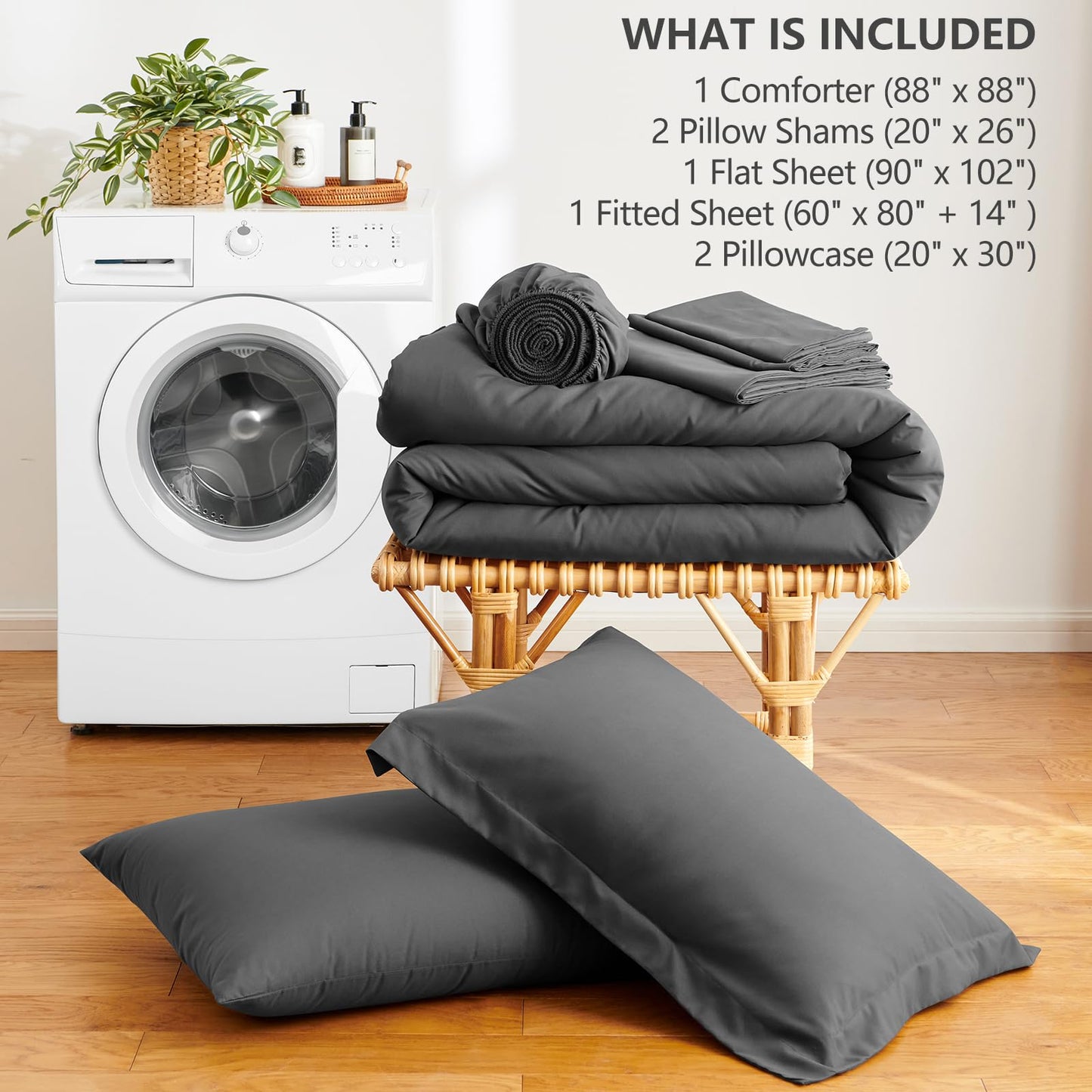 HIMEET Queen Comforter Set - 7 Pieces Bed in a Bag Queen Size, Luxury Comforter Set with Sheets for All Season, Bed Set with Comforter, Flat Sheet, Fitted Sheet, Pillowcases & Shams, Dark Grey