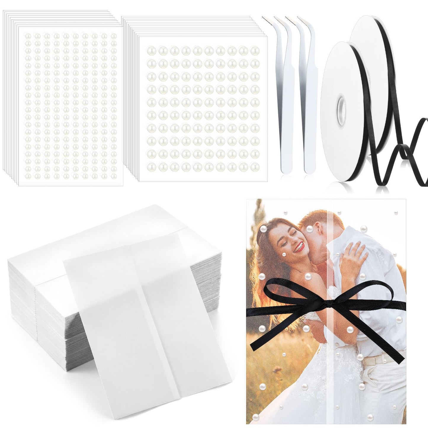 Faccito 100 Pcs Pre Folded Vellum Jackets for 5x7 Invitations Wedding Invitation Vellum Paper, Pearls Stickers, Ribbon, Tweezers, Envelope Tissue Paper Inserts for Wedding Birthday DIY Craft (Simple)