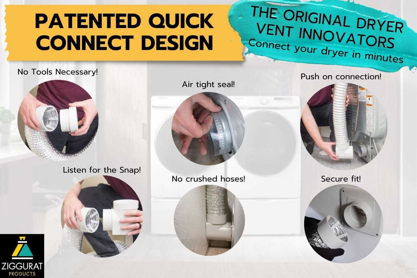 Dryer Vent Connector Kit - 90 Degree Dryer Vent Hose Connector for Tight Spaces, Space Saving Dryer Vent Elbow With Hose - DIY Toolless Design with Airtight Seal - STV-M by Ziggurat Products