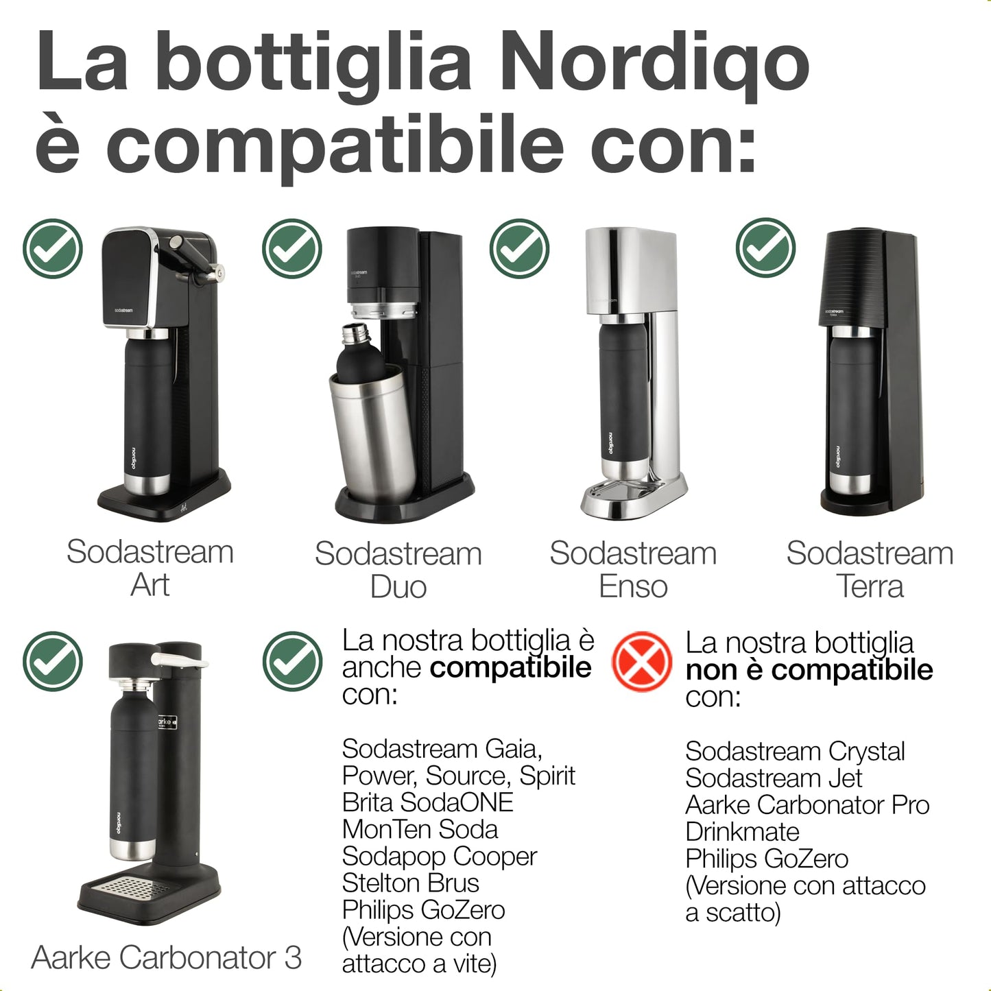 Nordiqo Stainless Steel Carbonating Bottle 33 oz | Compatible with Aarke Carbonator 3, SodaStream Duo & Plastic Bottles | Not for models Aqua Fizz & Jet | No Expiry | Plastic-Free