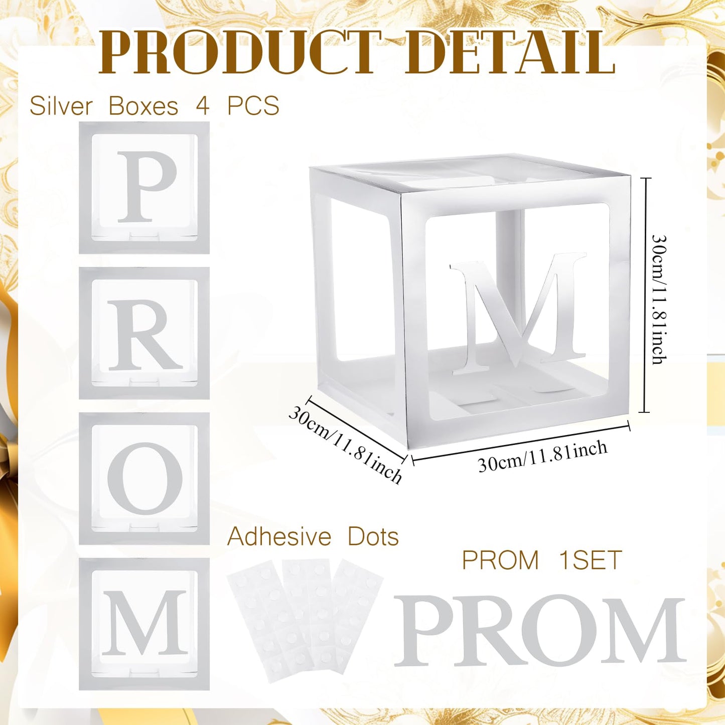 Trandraft 4 Pcs Prom Boxes with Letters 11.8 x 11.8 x 11.8 Inch Clear Balloon Boxes Transparent High School College Graduation Party Favors Supplies(Prom,Silver)