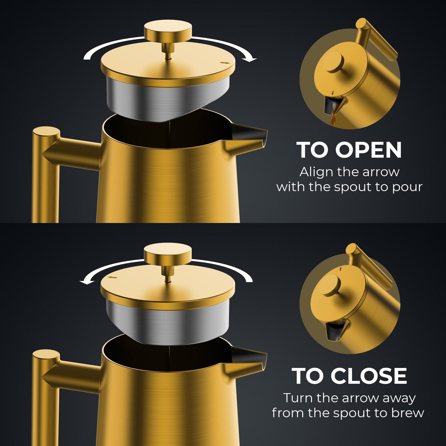STELLAGRO French Press Coffee Maker, Stainless Steel French Press 34 Oz / 1L, Double Wall Insulated Coffee Press with 3 Extra Mesh Filters, Metal Coffee Maker for Coffee & Tea, Satin Finish, Gold