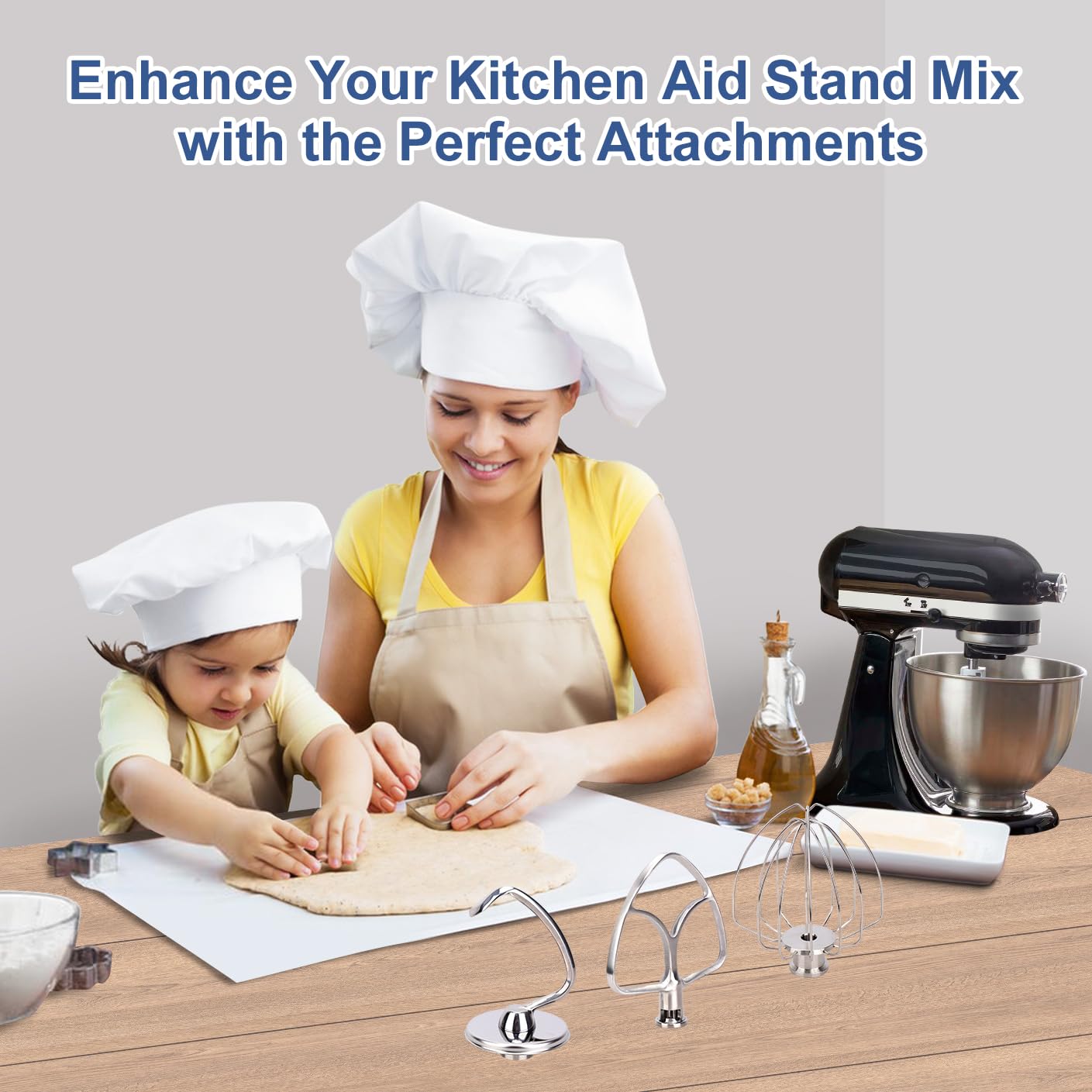 4.5-5 Qt Stand Mixer Attachments for Kitchenaid K45DH Dough Hook K45B Flat Beater K45WW Wire Whip Whisk Kitchen Aid Accessories for KitchenAid 4.5-5 Qt Tilt-Head Stand Mixers,Stainless Steel