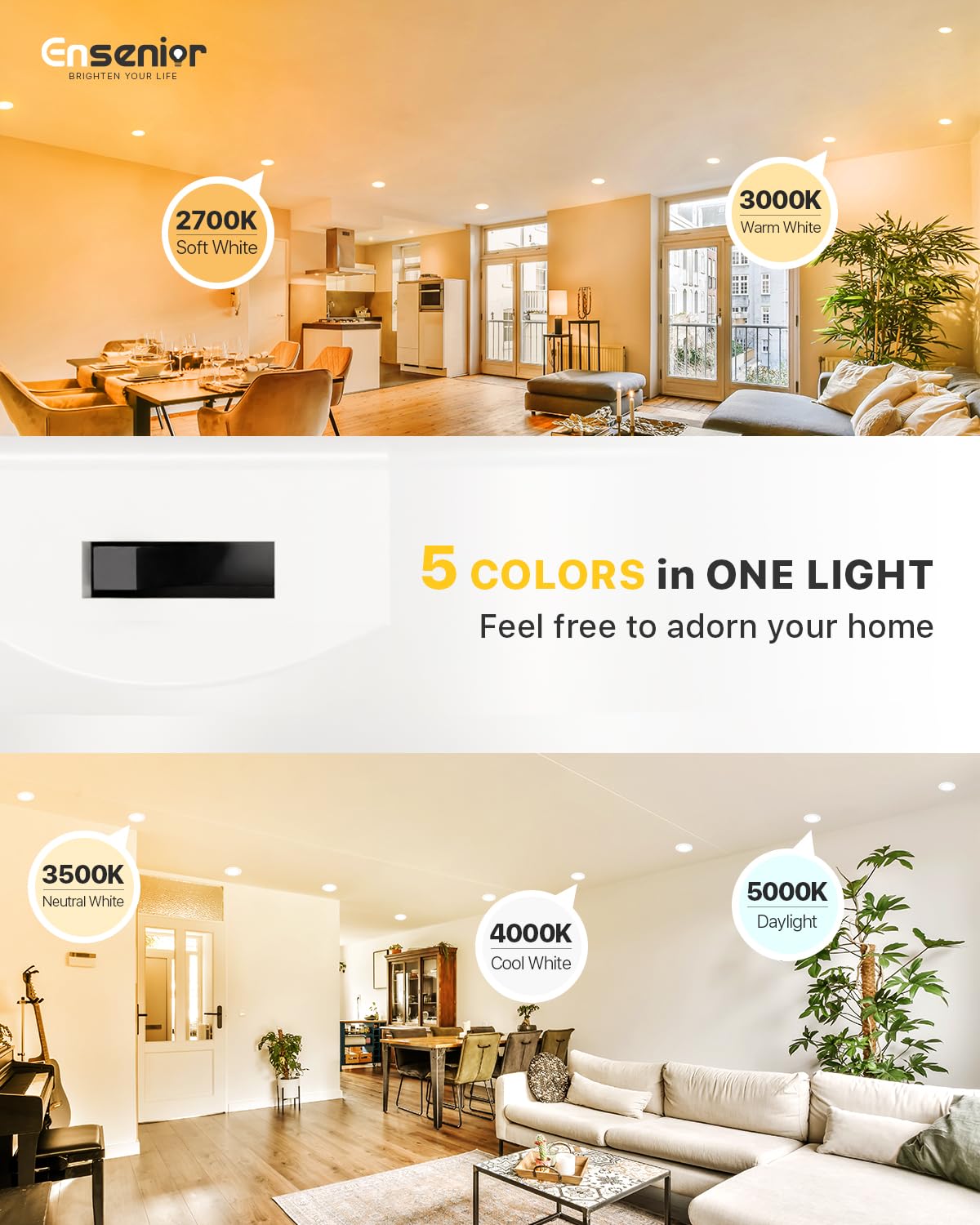 Ensenior 4 Inch LED Can Lights 12 Pack, Dimmable Retrofit Led Recessed Lighting, 5CCT Adjustable Color Temperature (2700K-5000K), 7W=77W 700LM, IC & Damp Rated, ETL&FCC Certified