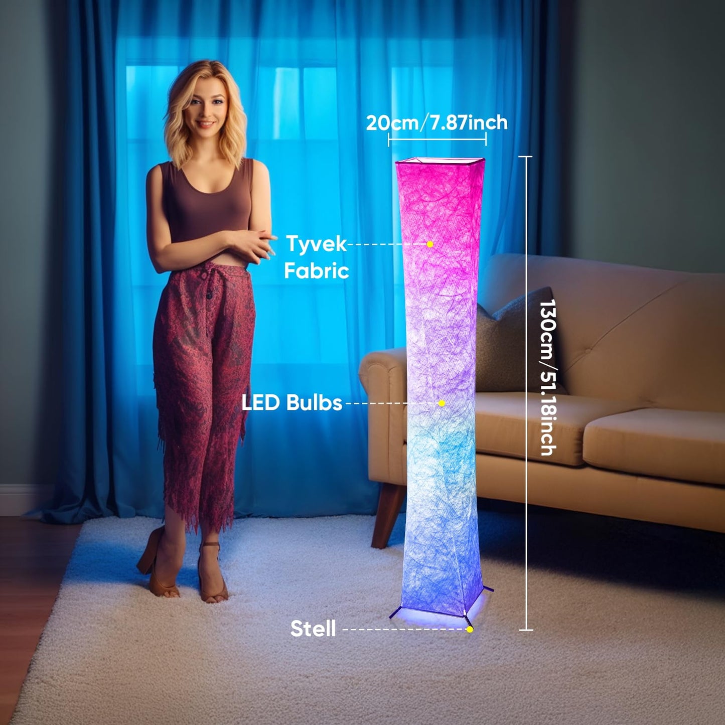 Morden LED Soft Light Floor Lamp, 52" Simple Design Slim RGB 16 Color Changing Tyvek Fabric Shade Dimmable Remote Control Standing Lamp for Living Room Bedroom Game Room