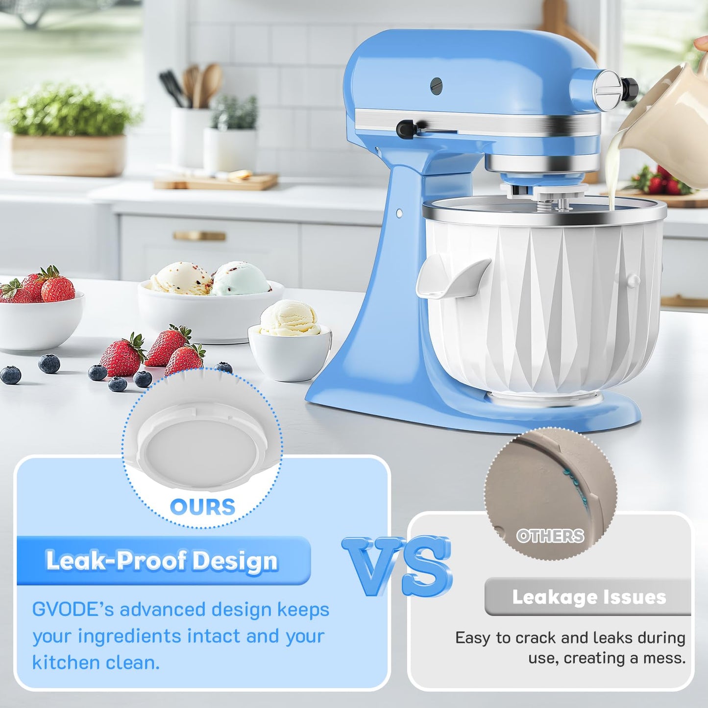 Ice Cream Maker Attachment for KitchenAid Stand Mixers, 2 Quart Ice Cream & Sorbet Gelato Maker Attachment - Fits 4.5QT and Larger KitchenAid Stand Mixers by GVODE