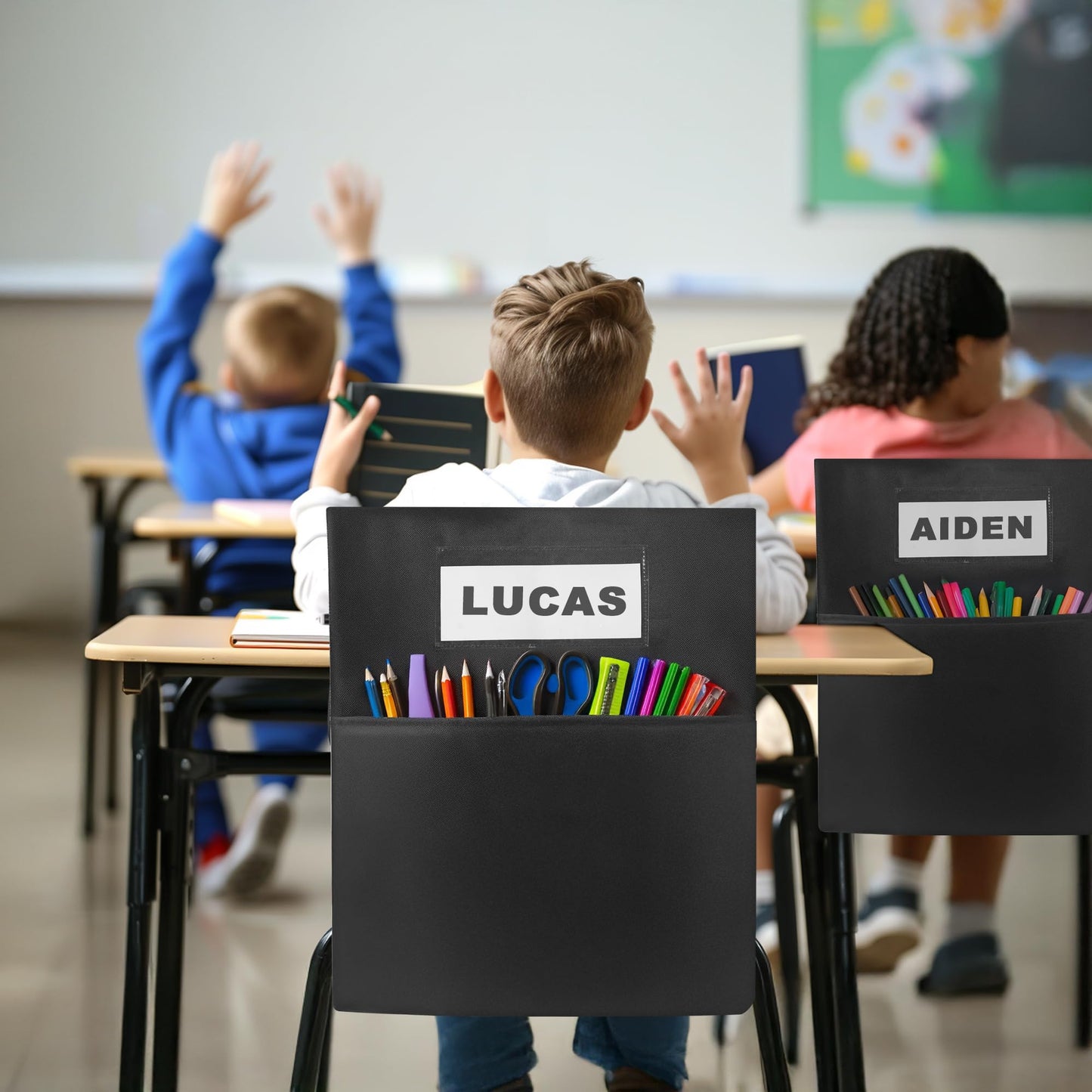24 Pack Chair Pockets for Classrooms - Seat Sacks Organizer for K-2 Students, Durable Fabric Storage Pockets for School Supplies & Books