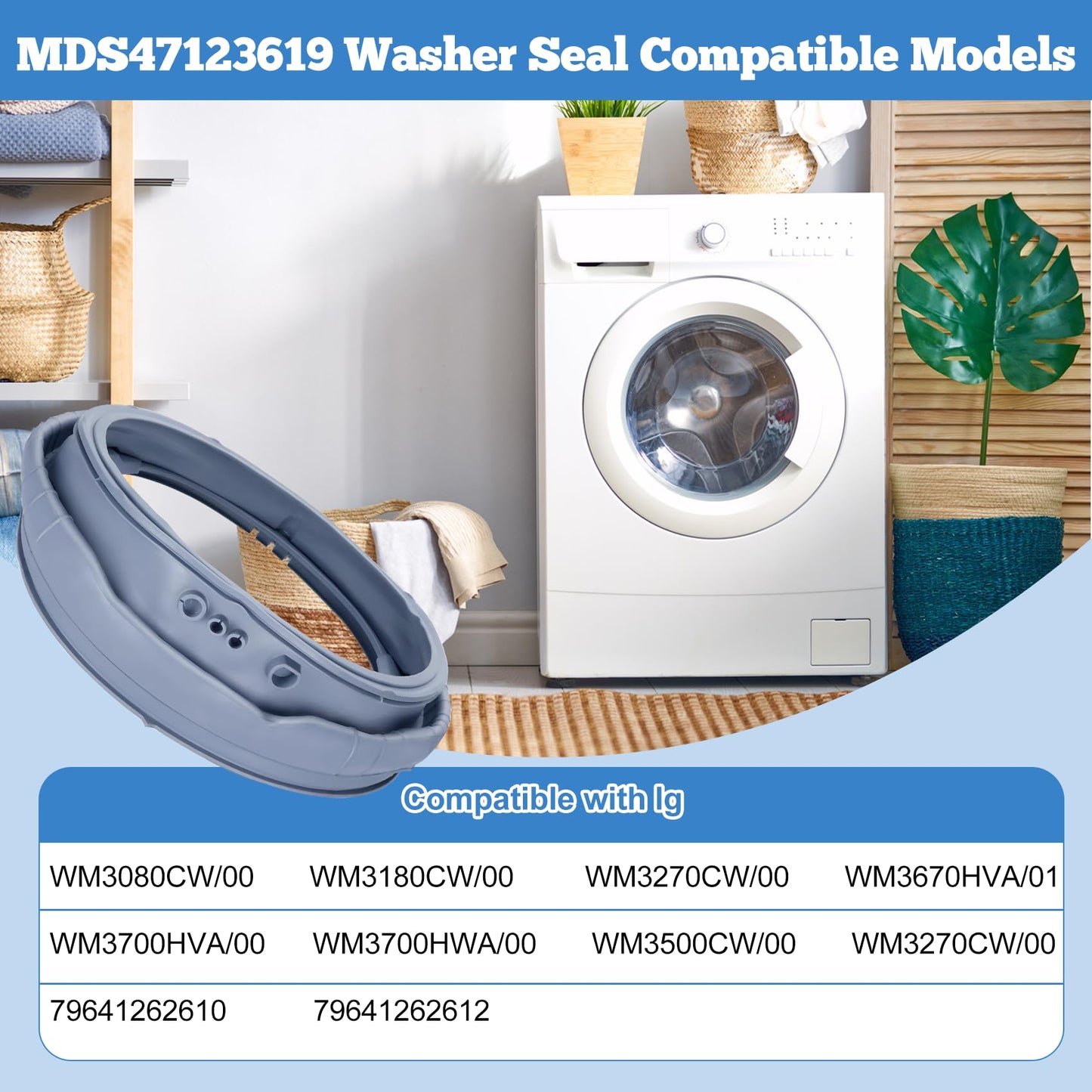 MDS47123619 Washer Door Gasket Boot Seal Compatible with lg and kenmore Front Load Washer Door Seal, Replacement Parts WM3270CW/00, WM3670HVA/01, WM3080CW/00, WM3180CW/00, WM3500CW/00, WM3700HWA/00