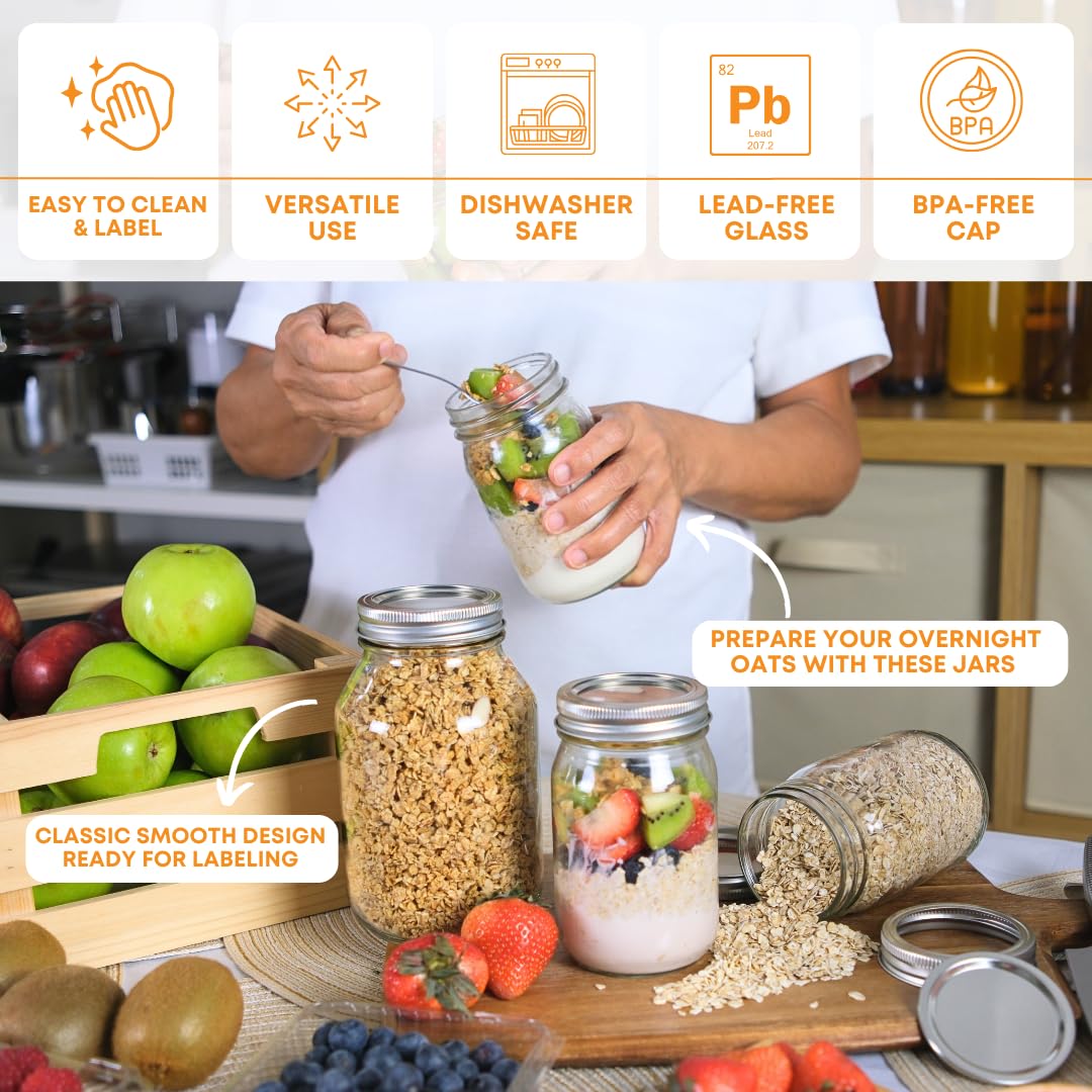FastRack Regular Mouth Glass Mason Jars with Metal Airtight Lids | 16 oz - Pack of 8 | Large Glass Jars for Food Storage with Lids | Ideal for Canning, Fermentation, Pickling, Kombucha Brewing