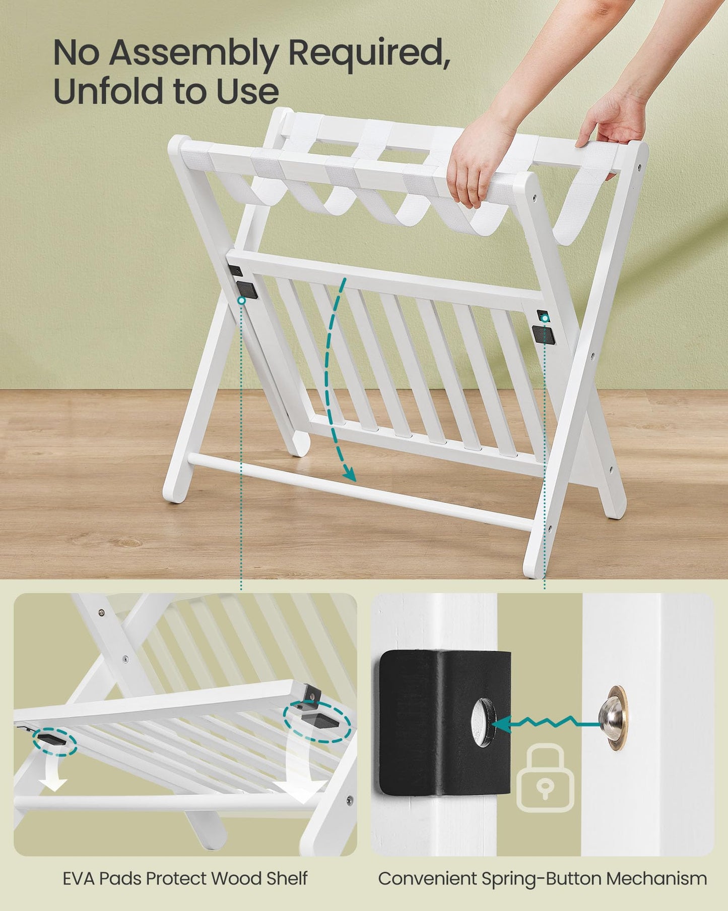 SONGMICS Solid Wood Luggage Rack, No Assembly Required, Foldable Suitcase Stand, Luggage Holder, with Storage Shelf, for Guest Room, Hotel, Bedroom, Cloud White URLR020W02
