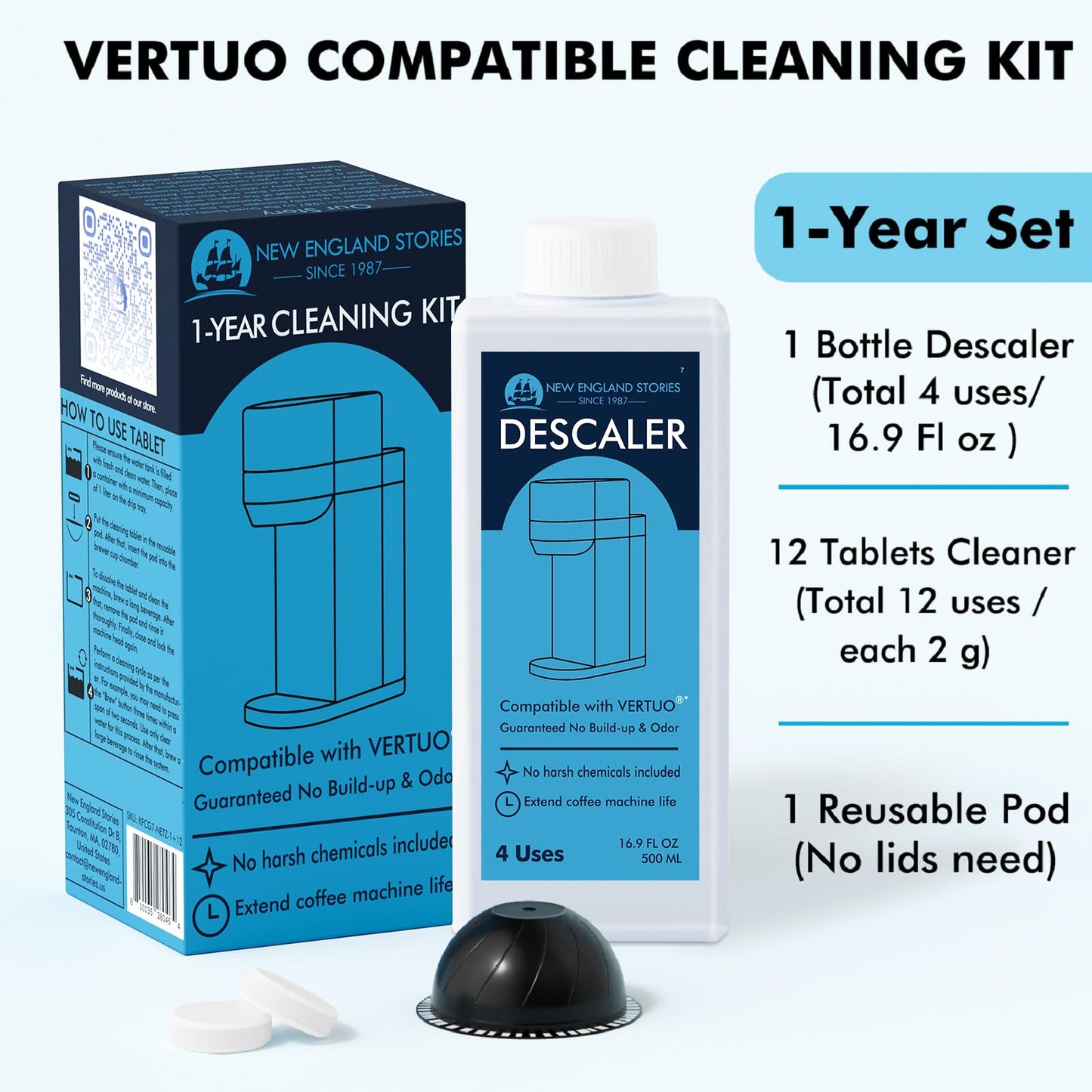(12 Months Supply) Descaling Kit Compatible with Nespresso Vertuo, Odorless Coffee Brewer Machine Descaler Set, Liquid Descaling Solution for Nespresso, Includes Reusable Pod and 12 Cleaning Tablets