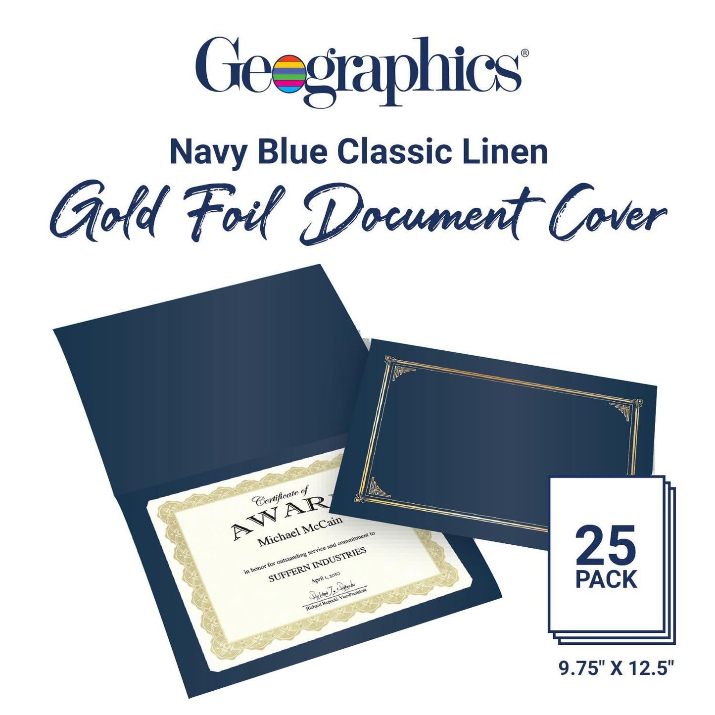 Geographics Classic Linen Certificate/Document Covers, 12.5” x 9.75”, Navy Bue (25 Pack)