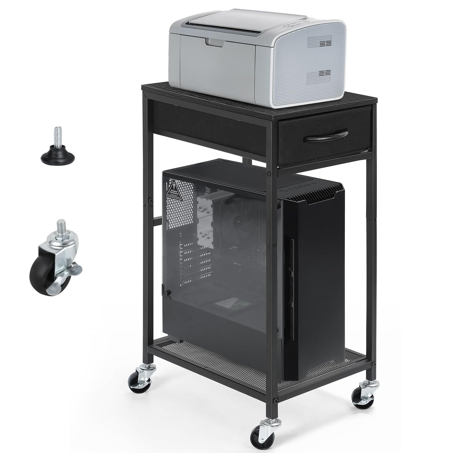 YBING PC Stand 2 Tier Computer Tower Stand with Drawer Mobile Computer Cart with Storage Metal CPU Holder on Wheels Pc Tower Stand Black Rolling Computer Tower Stand Floor for Office
