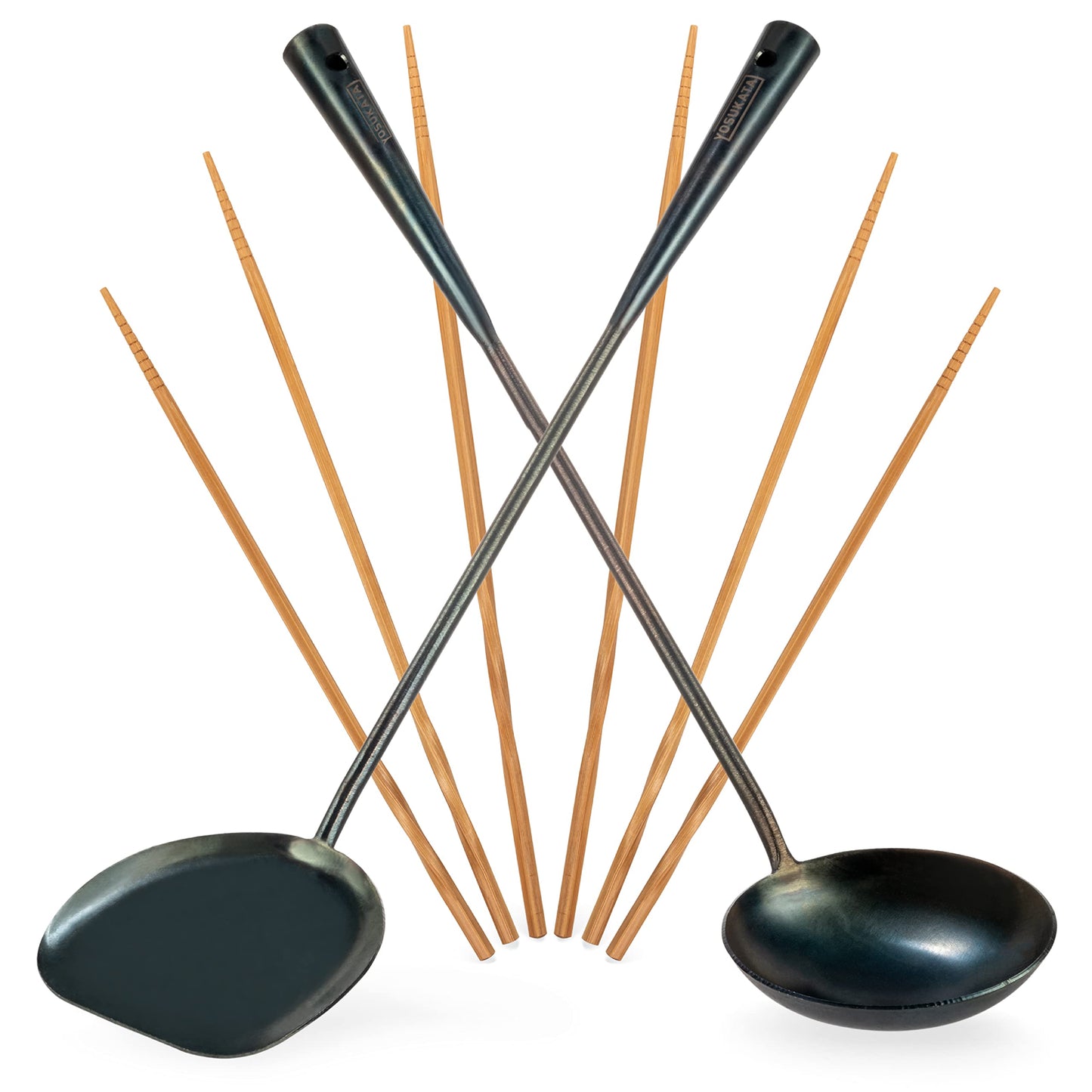 YOSUKATA Pre-Seasoned Wok Utensils Set - Blue Carbon Steel 17-inch Wok Spatula, Wok Ladle, 3 pairs Chopsticks - Durable Asian Cooking Tools