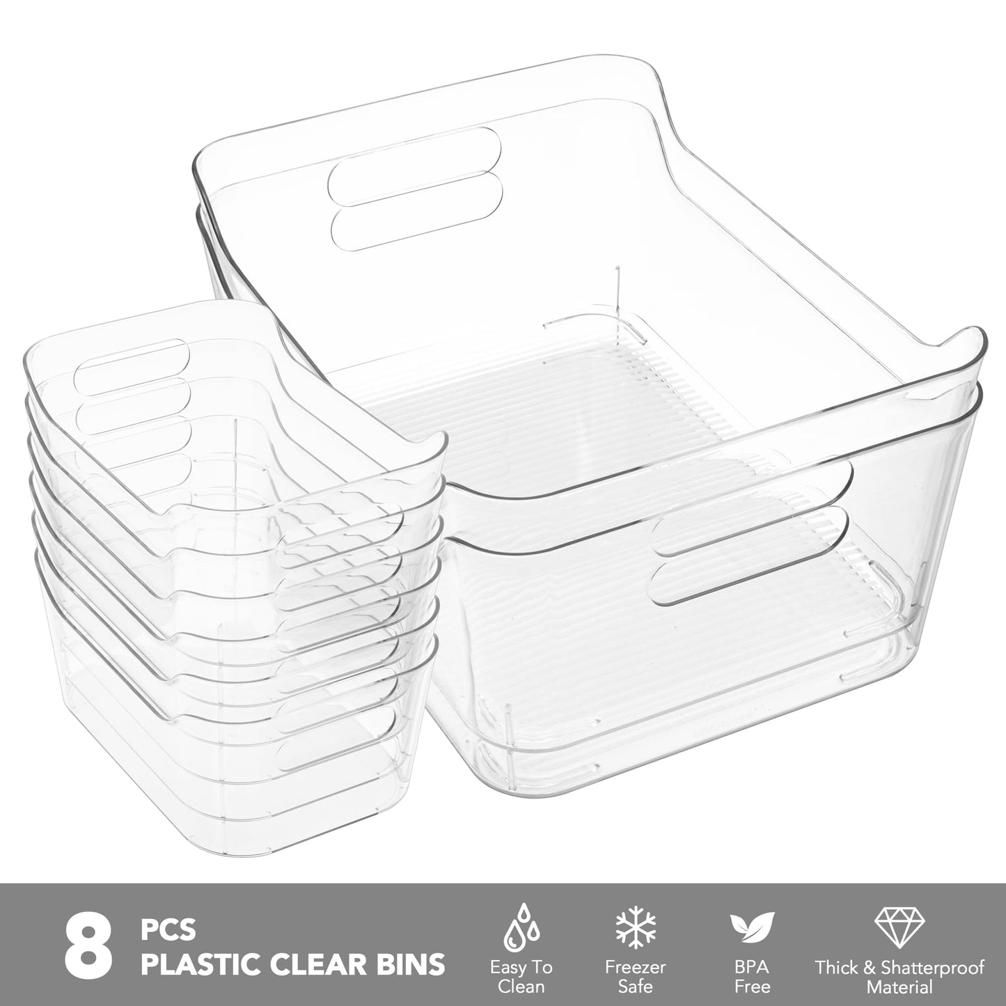Tiawudi Set of 8 Clear Plastic Storage Bins, 2 Extra Large and 6 Small Storage Containers for Pantry Organization, Multi-Use Organizer Bins for Home, Kitchen, Cabinet, Bathroom, Fridge & Freezer