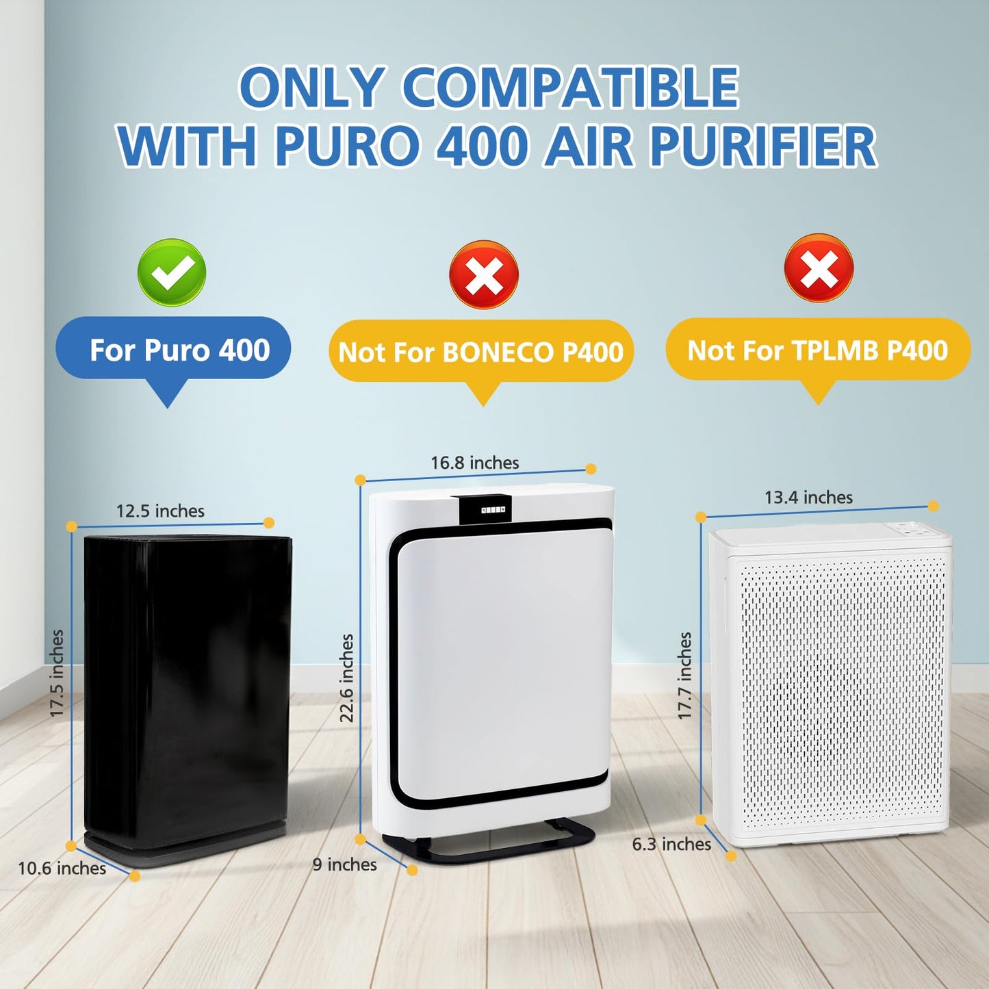 400 Air Purifier Replacement Filter Compatible with Puro 400 Air Purifier, 3-in-1 with Activated Carbon Filter Attach Pet Dander Smoke Pollen Dust, 2 Pack