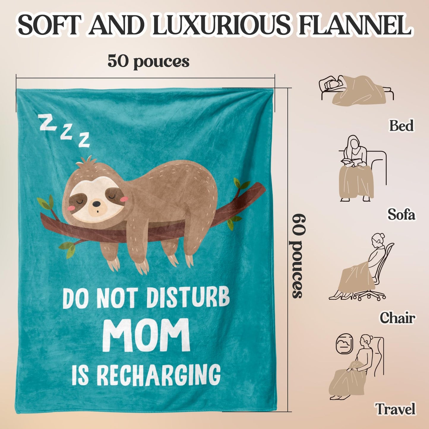 Mothers Day Blanket Gifts for Mom, Moms Birthday Gifts from Daughter Son, Moms Gift for Birthday Mothers Day Christmas Valentines Ideas, Funny Mom is Recharging Sloth Blanket Fleece Throw 60"×50"