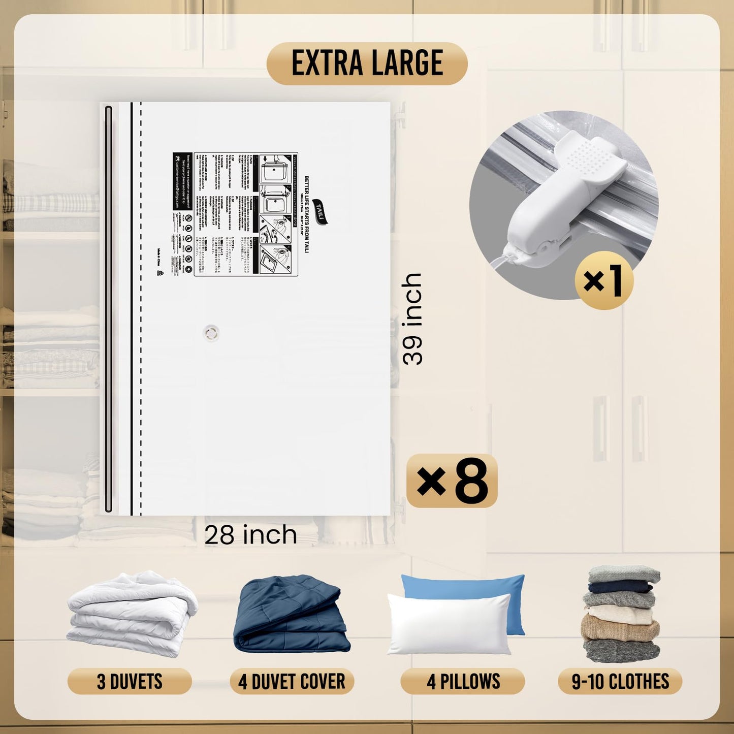 TAILI 8 Pack Vacuum Storage Bags, Jumbo Size 39x28 inch, LONG SIDE ZIP Vacuum Seal Bags for Beddings, Extra Large Storage Space Saver for Clothing, Comforters, Blankets, Pillows
