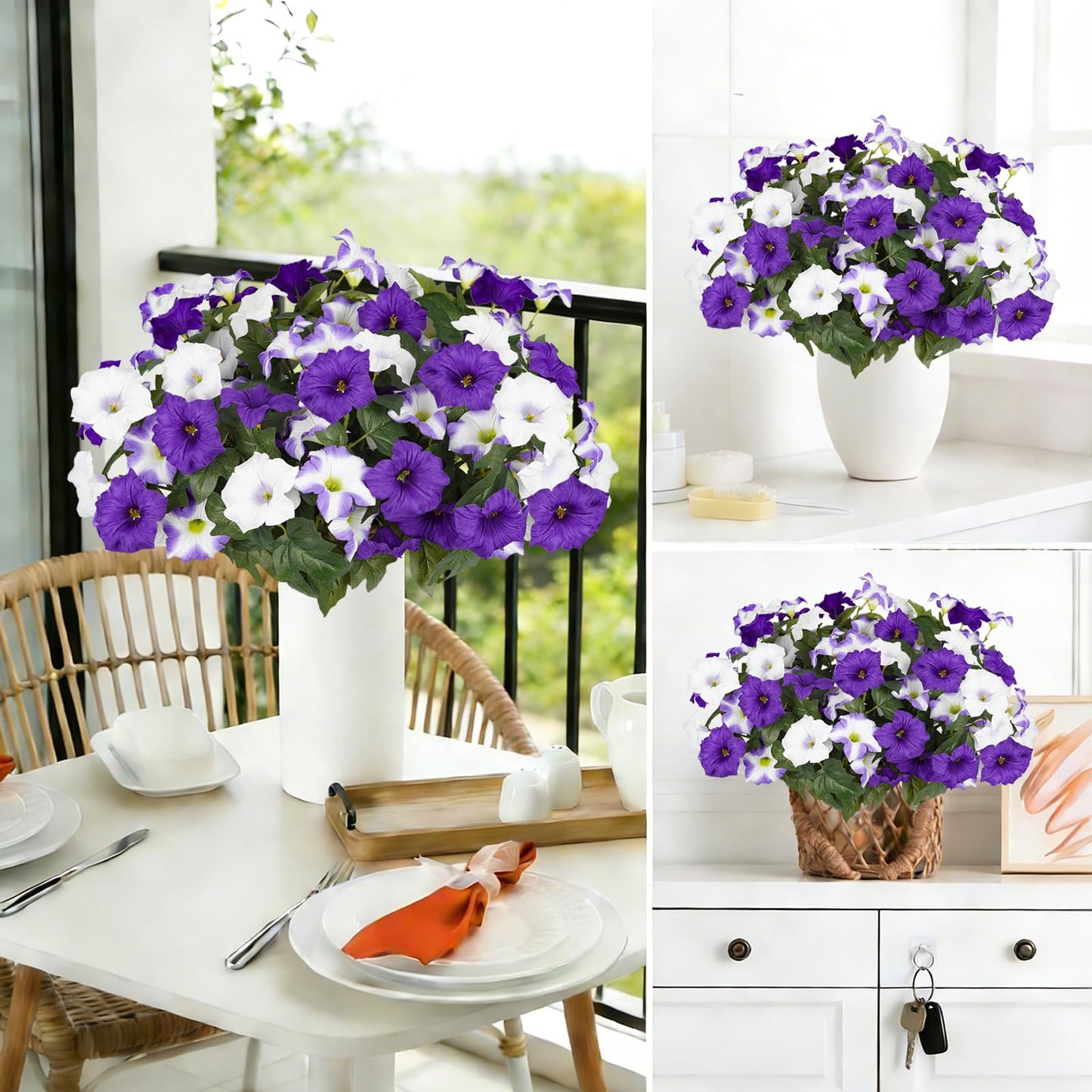 Artificial Flowers for Outdoors, Faux Petunias Spring Summer Decoration, Fake Flowers Plants UV Resistant Look Real Silk Flowers for Outside Planter Front Door Porch Patio Yard (6, Purple-White)