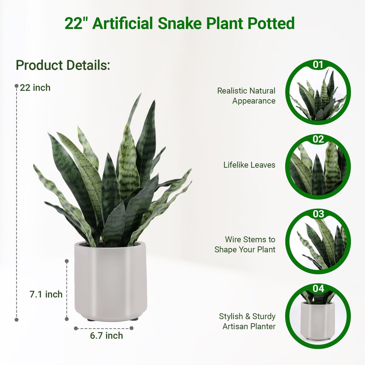BTHM DSGN Fake Snake Plant 22" Tall, Real Touch Leaves, Artificial Plants Indoor with Pot for Home Office Decor
