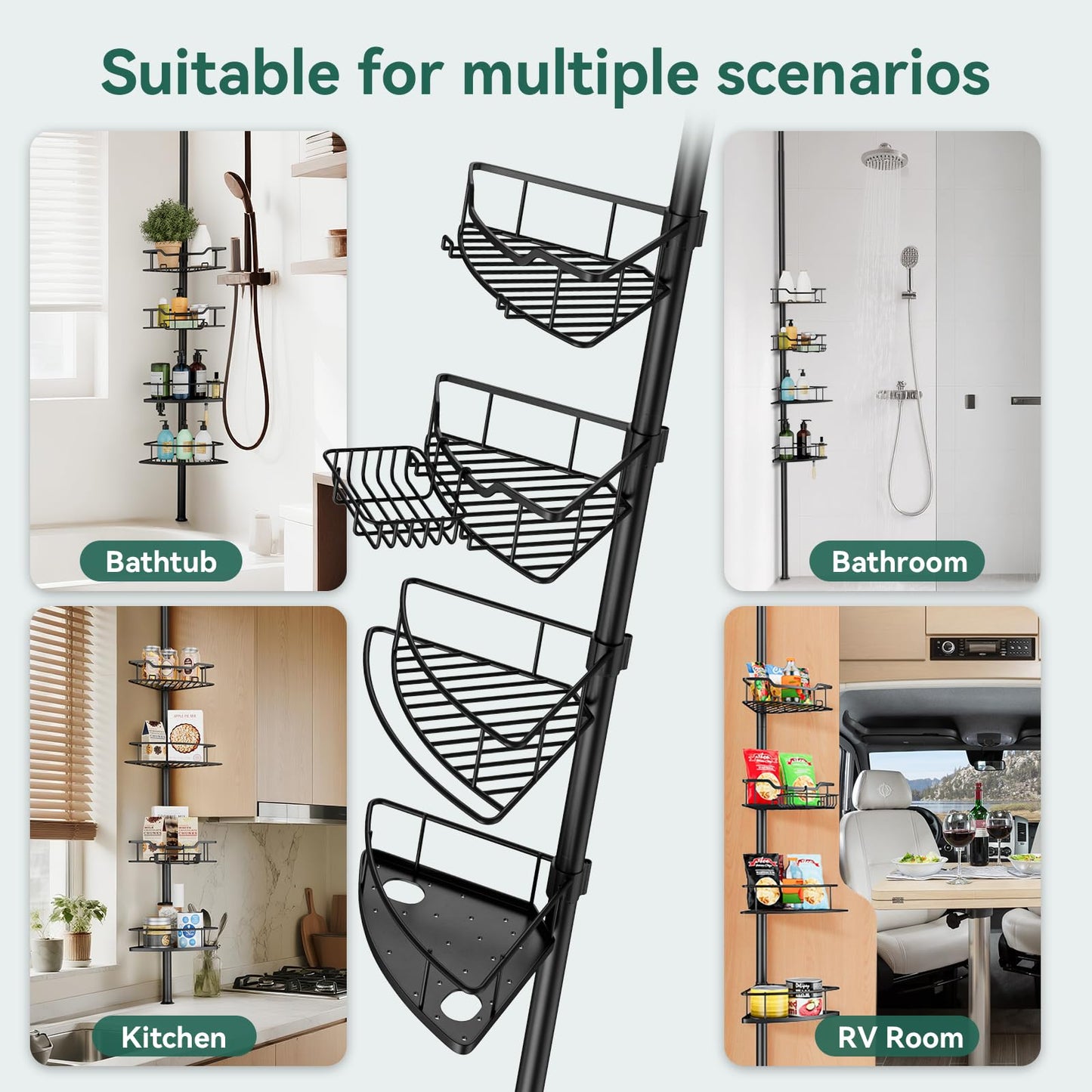 Dimyno Corner Shower Caddy Tension Pole, 4 Tier Rustproof Shower Tension Rod Organizer, Adjustable 25-125 Inch Bathroom Shower Organizer Shelves for Bathtub Shampoo Storage, Black