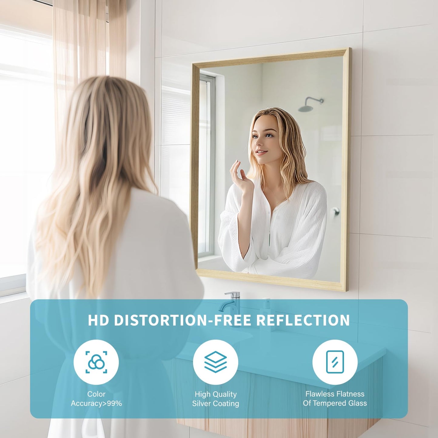 Ultrue Oak Wood Effect Framed Wall Mirror, 22x30 Rectangle Mirror, Anti-desilvering Tempered Glass, Sustainable& Sturdy Frame, Farmhouse Mirror, Anti-Rust, 3min Fast Setup for Bathroom Living Room