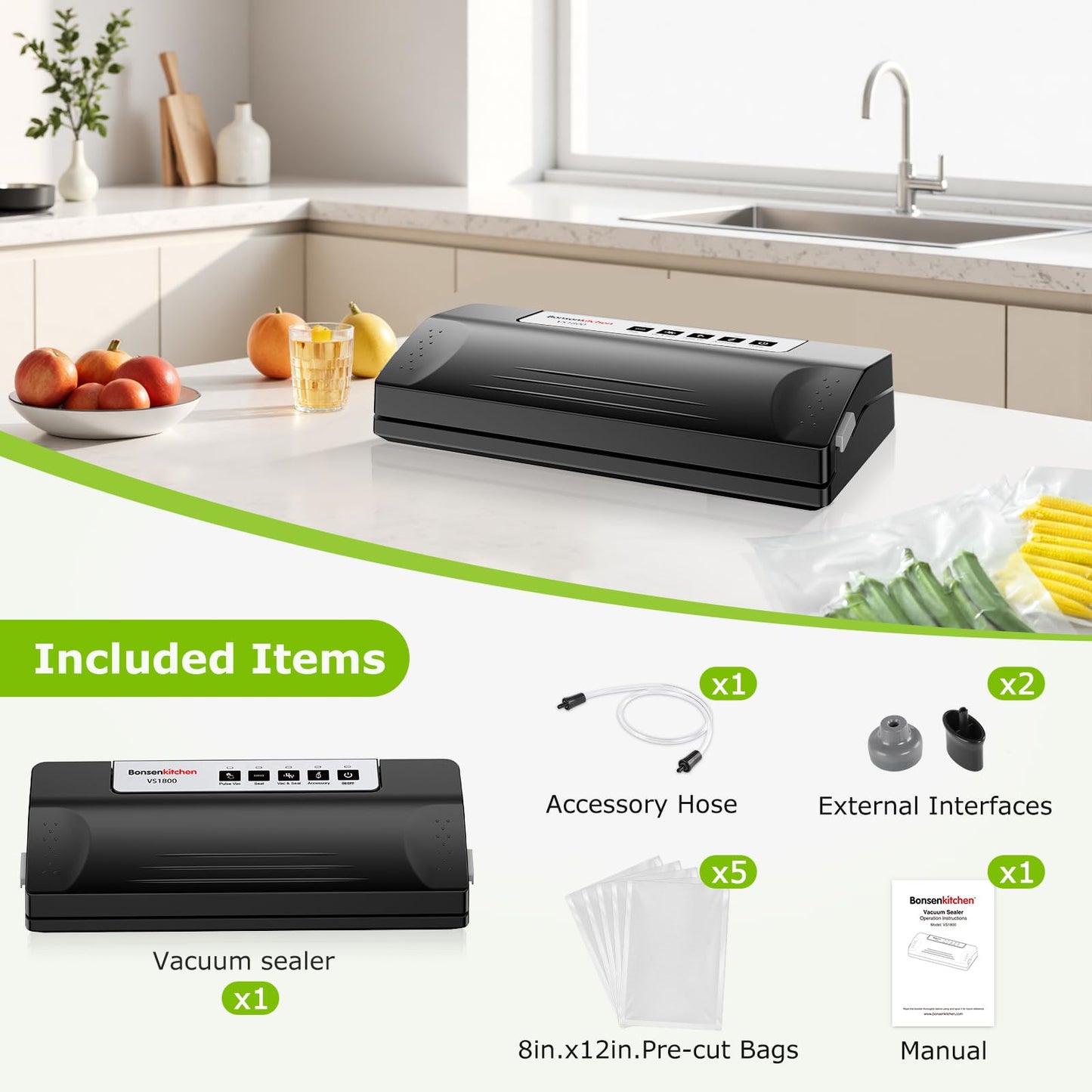 Bonsenkitchen Vacuum Sealer Machine for Food, Multi-Functional Food Sealer, Automatic Operation Mode, Commercial Grade, Compact Design, with 5 Vacuum Bags, Black-Silver