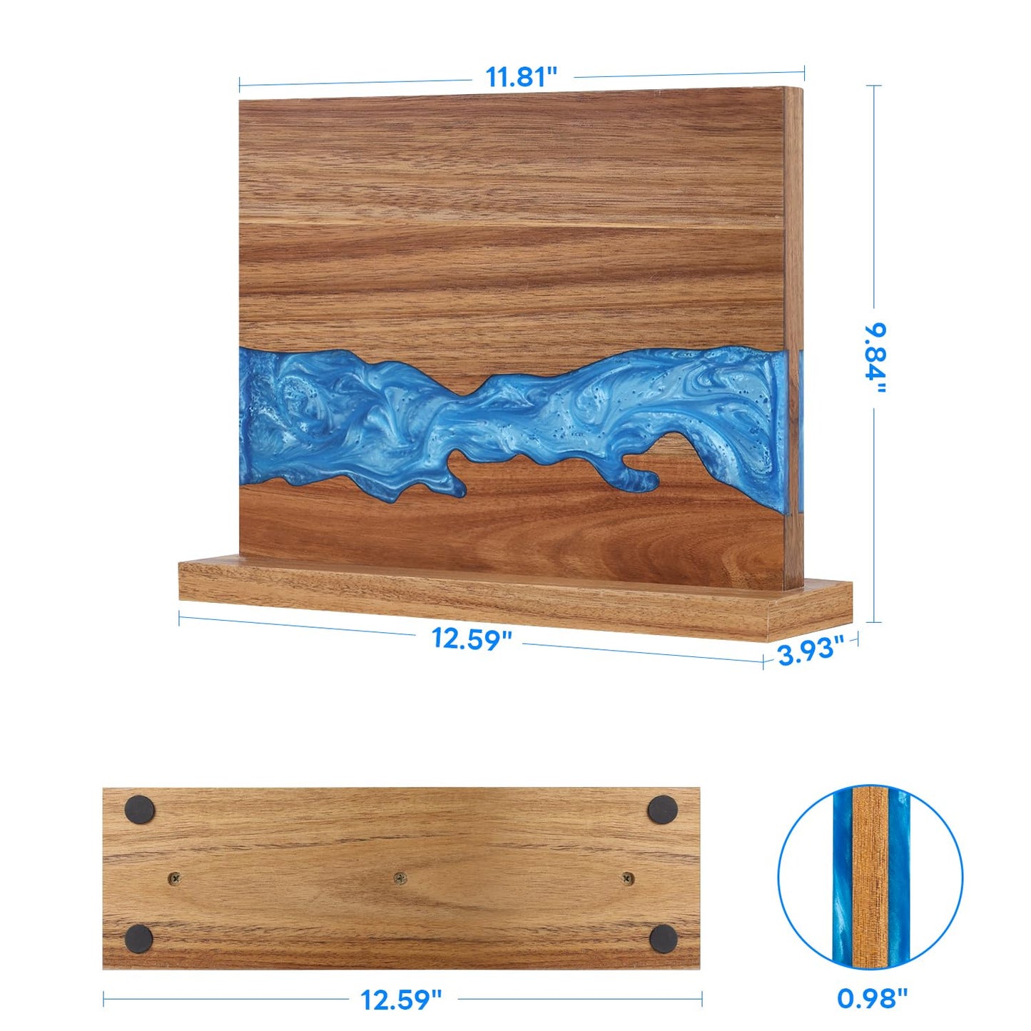Ayiusideza Magnetic Knife Block | Double Sided Magnetic Knife Holder | Acacia Wood Magnetic Knife Rack | Magnetic Knife Storage Stand for Kitchen Counter, Blue Resin River, 12.59×9.84IN (No Knife)