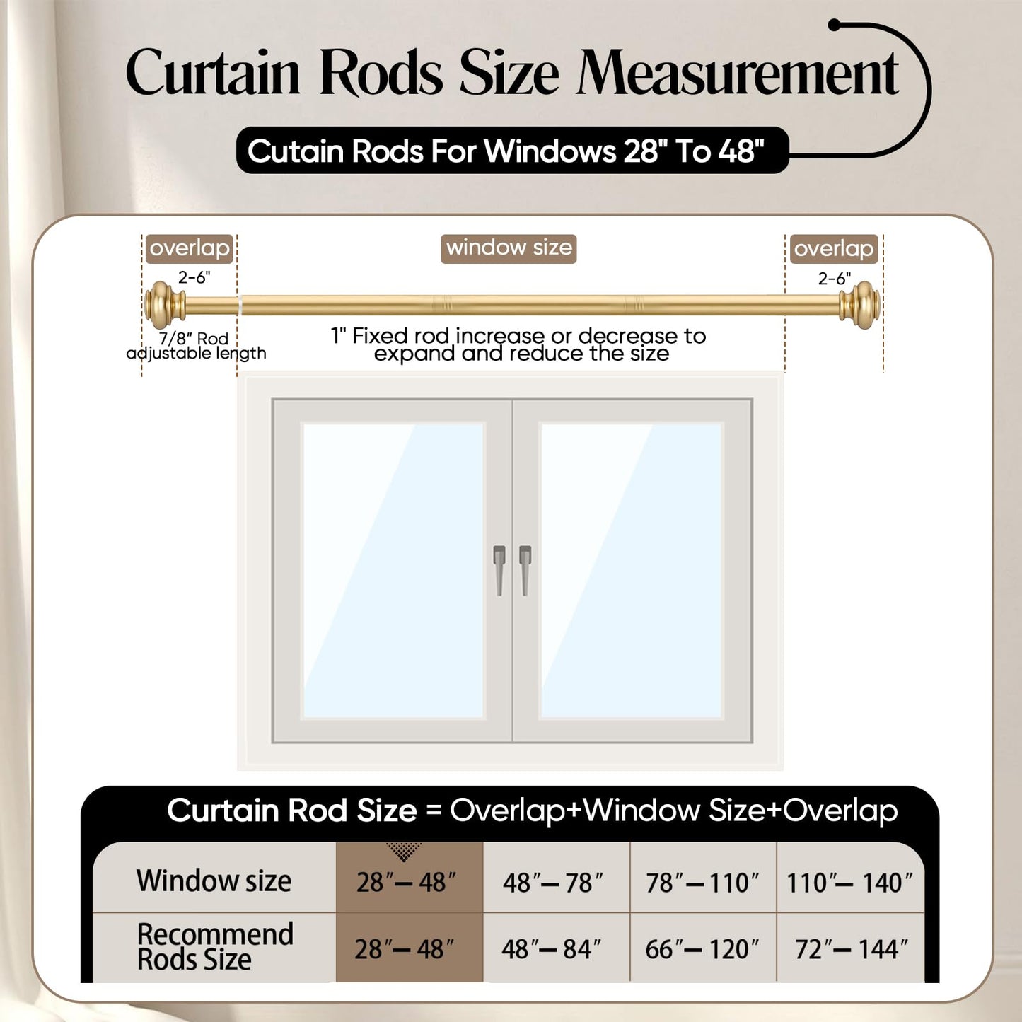 SIMEWIN Heavy Duty Curtain Rods, 1 Inch Gold, 28 to 48 Inches, Adjustable, Wall Mounted, Metal, Glossy Gold Finish, Classic Finials