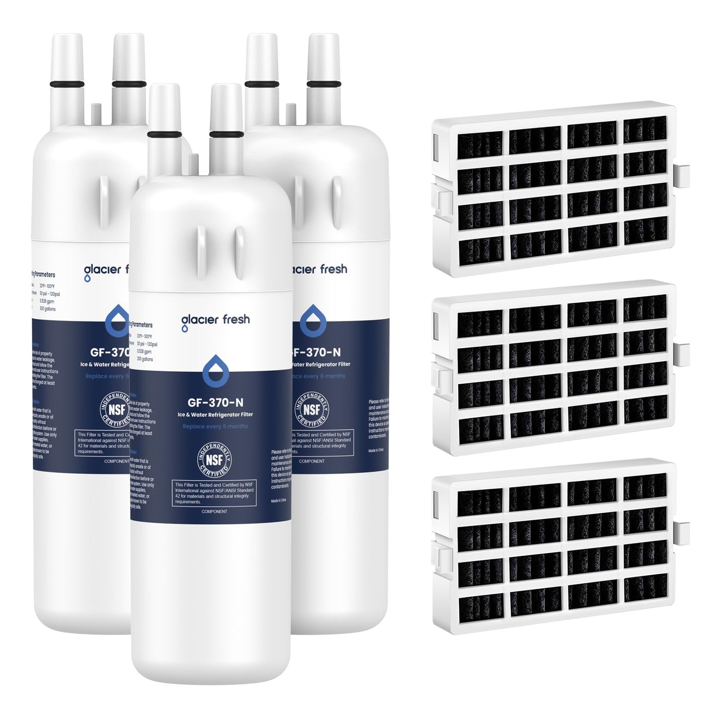 GLACIER FRESH EDR1RXD1 Refrigerator Water Filter Compatible with W10295370A, EDR1RXD1, WHR1RXD1, KAD1RXD1, Filter 1, W10295370 Refrigerator Water Filter & w10311524 Air Filter, 3+3 Packs