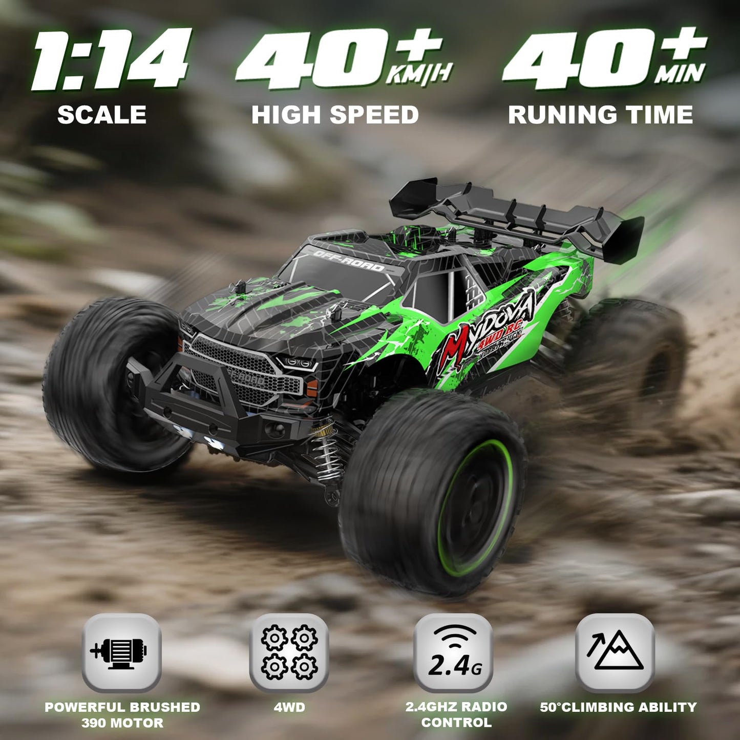 1:14 Scale Fast RC Cars for Adults, 40+KPH High Speed Remote Control Car RC Truggy, 4x4 Off-Road Remote Control Truck, All Terrain Waterproof Electric Car for Snow, Sand, Beach with 2 x 2S Batteries