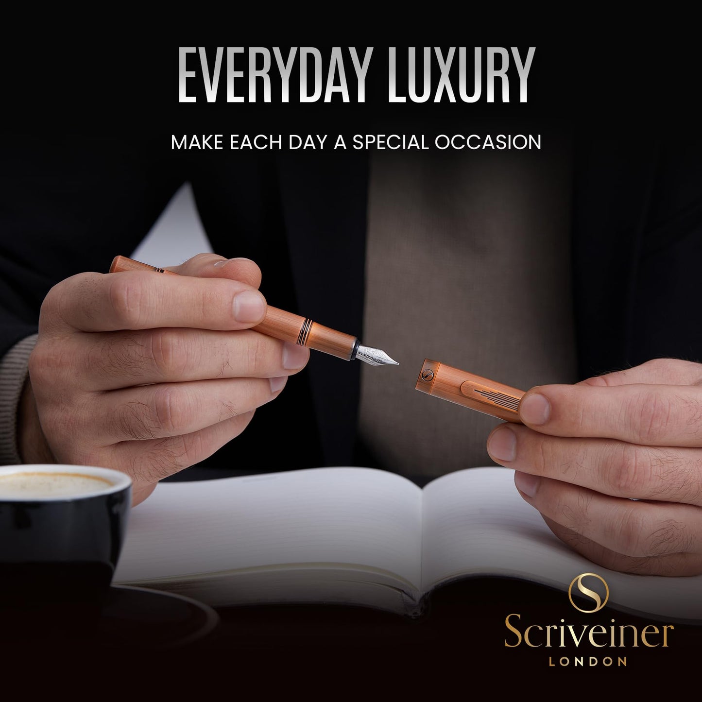 Scriveiner Luxury EDC Fountain Pen (Medium), Stunning Heavy Brass Pocket Pen, Hand Brushed Copper Finish, Schmidt German Nib Converter, Best Writing Pen Gift Set for Men Women, Nice Fancy Designer Pen