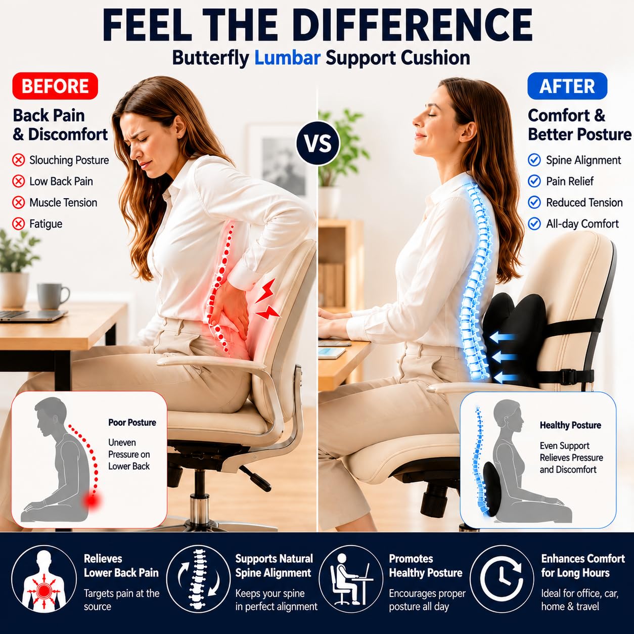 FoKon Ergonomic Back Cushion for Lower Pain Relief, Momery Foam Back Pillow, Lumbar Support for Office Chair Back Support for Computer Chairs, Gaming,Home - Working,Removable & Washable Cover（Black）